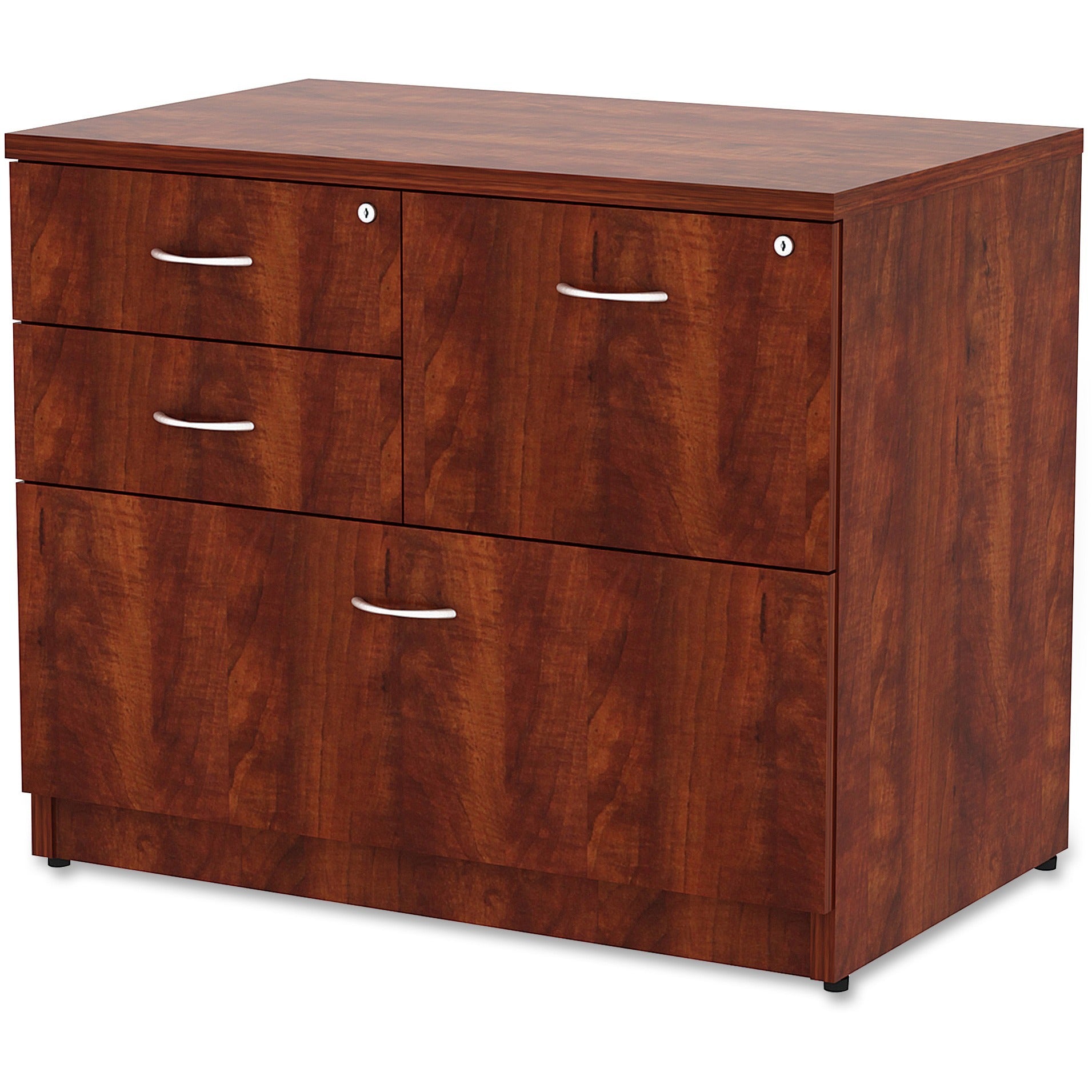 lorell-essentials-series-box-box-file-lateral-file-1-side-panel-01-edge-355-x-22295-lateral-file-4-x-box-file-drawers-cherry-laminate-table-top-versatile-ball-bearing-glide-drawer-extension-security-lock-durable-adjustable-l_llr69540 - 3