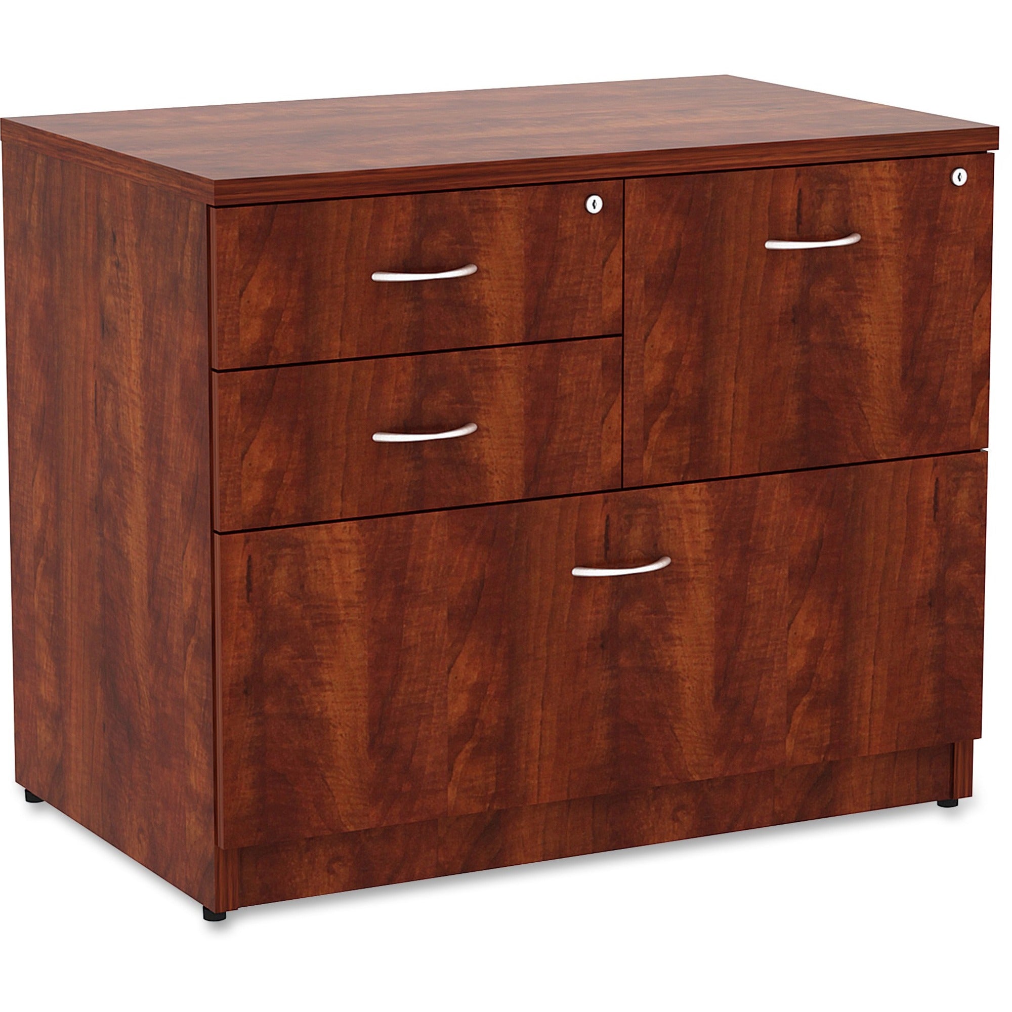lorell-essentials-series-box-box-file-lateral-file-1-side-panel-01-edge-355-x-22295-lateral-file-4-x-box-file-drawers-cherry-laminate-table-top-versatile-ball-bearing-glide-drawer-extension-security-lock-durable-adjustable-l_llr69540 - 1