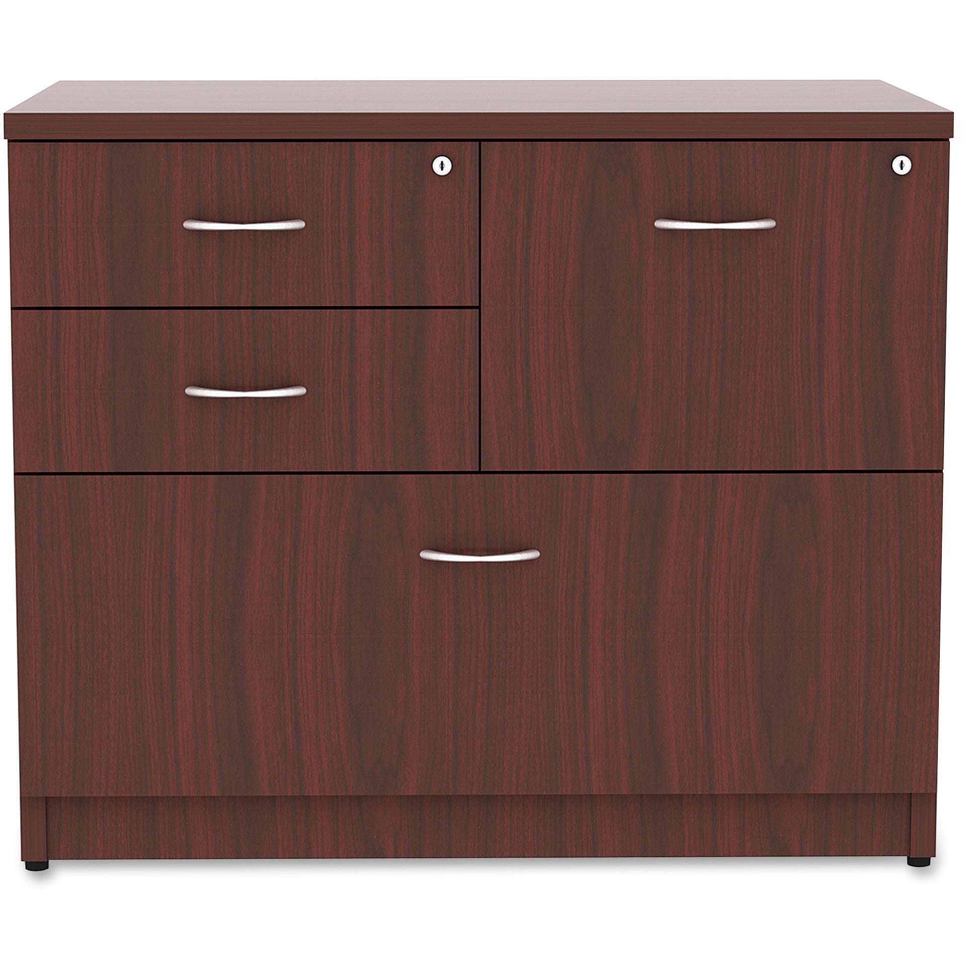 lorell-essentials-series-box-box-file-lateral-file-1-side-panel-01-edge-355-x-22295-lateral-file-4-x-box-file-drawers-mahogany-laminate-table-top-versatile-ball-bearing-glide-drawer-extension-security-lock-durable-adjustable_llr69541 - 2