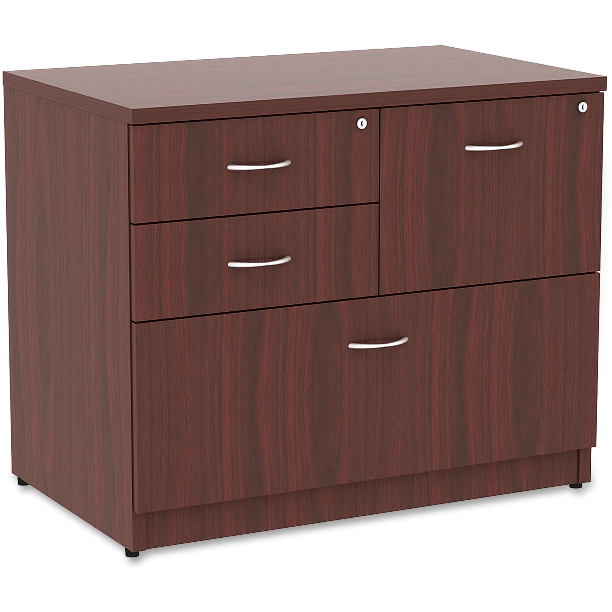 lorell-essentials-series-box-box-file-lateral-file-1-side-panel-01-edge-355-x-22295-lateral-file-4-x-box-file-drawers-mahogany-laminate-table-top-versatile-ball-bearing-glide-drawer-extension-security-lock-durable-adjustable_llr69541 - 1