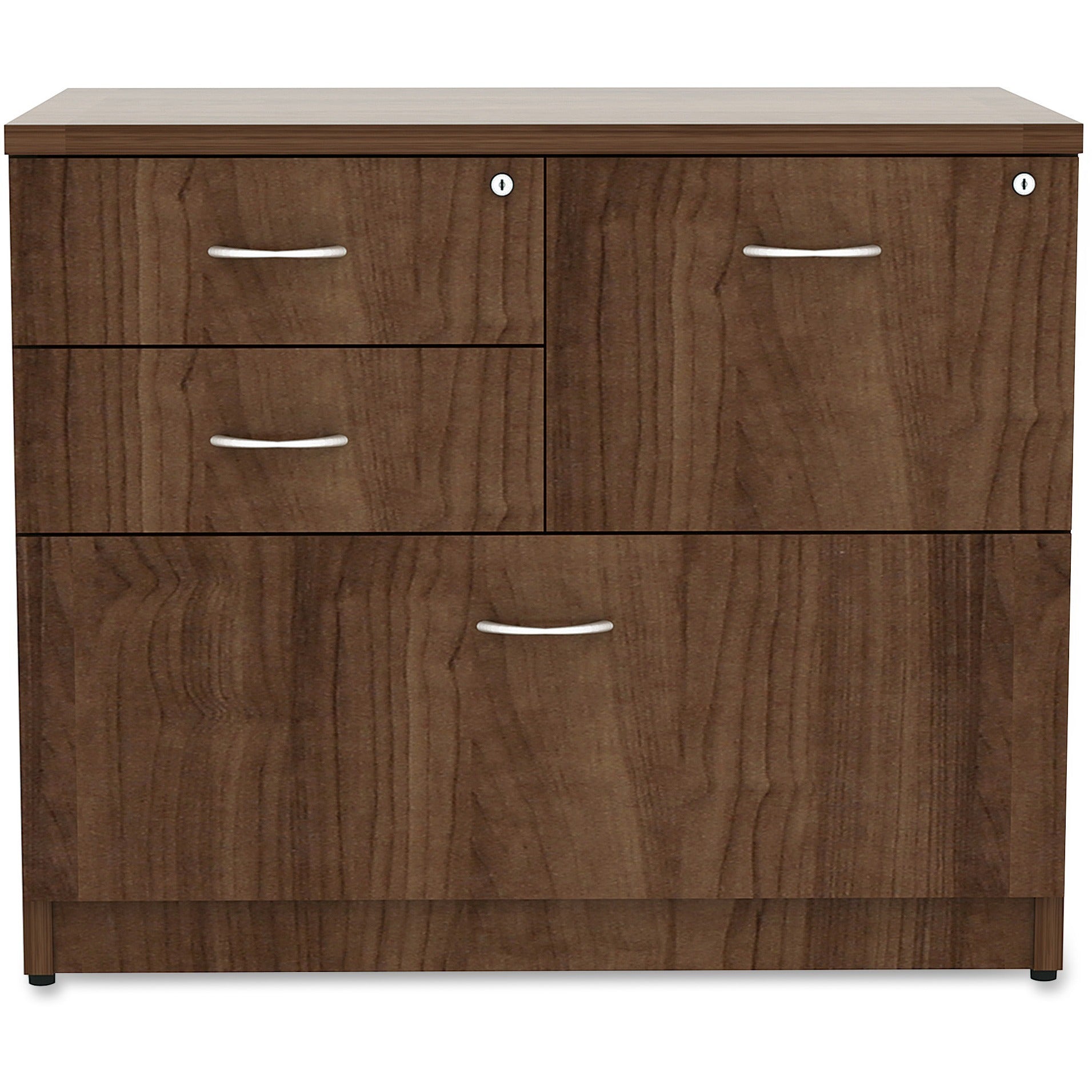 lorell-essentials-series-box-box-file-lateral-file-1-side-panel-01-edge-355-x-22295-lateral-file-4-x-box-file-drawers-walnut-laminate-table-top-versatile-ball-bearing-glide-drawer-extension-security-lock-durable-adjustable-l_llr69542 - 2