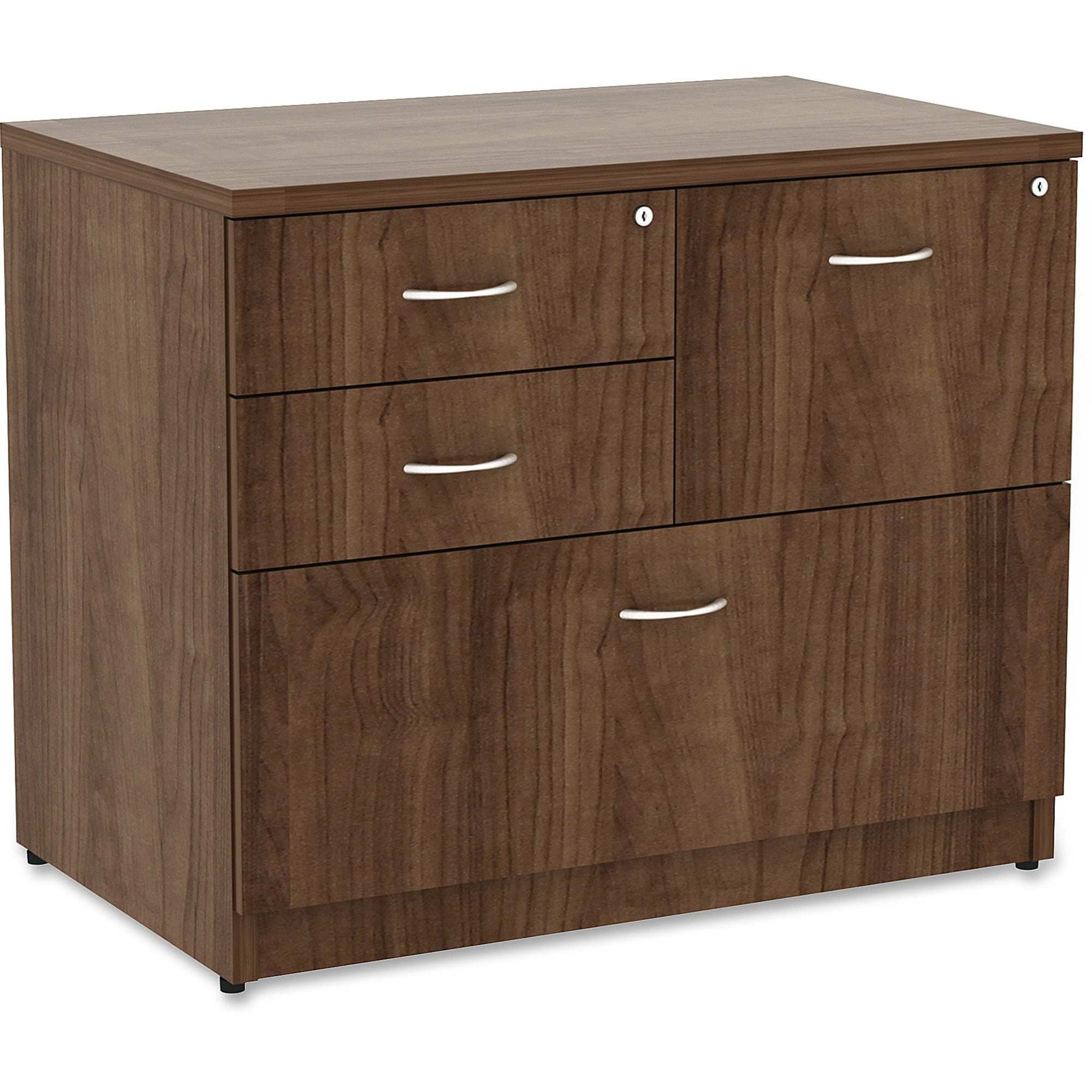 lorell-essentials-series-box-box-file-lateral-file-1-side-panel-01-edge-355-x-22295-lateral-file-4-x-box-file-drawers-walnut-laminate-table-top-versatile-ball-bearing-glide-drawer-extension-security-lock-durable-adjustable-l_llr69542 - 1