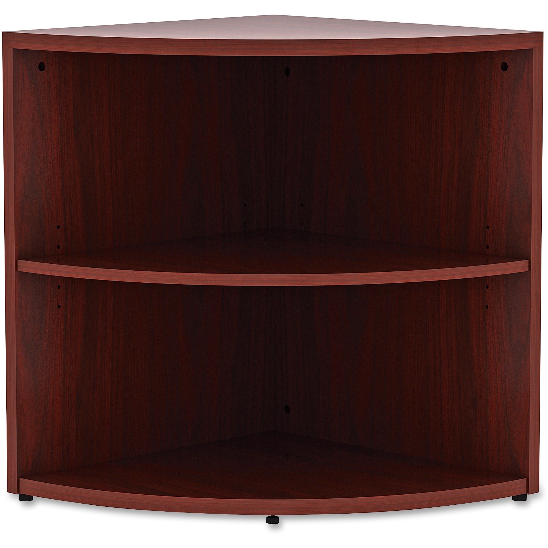 lorell-essentials-series-desk-end-corner-bookcase-295-height-x-236-width-x-236-depth-floor-mahogany-laminate-polyvinyl-chloride-pvc-1each-corner-shape_llr69893 - 2