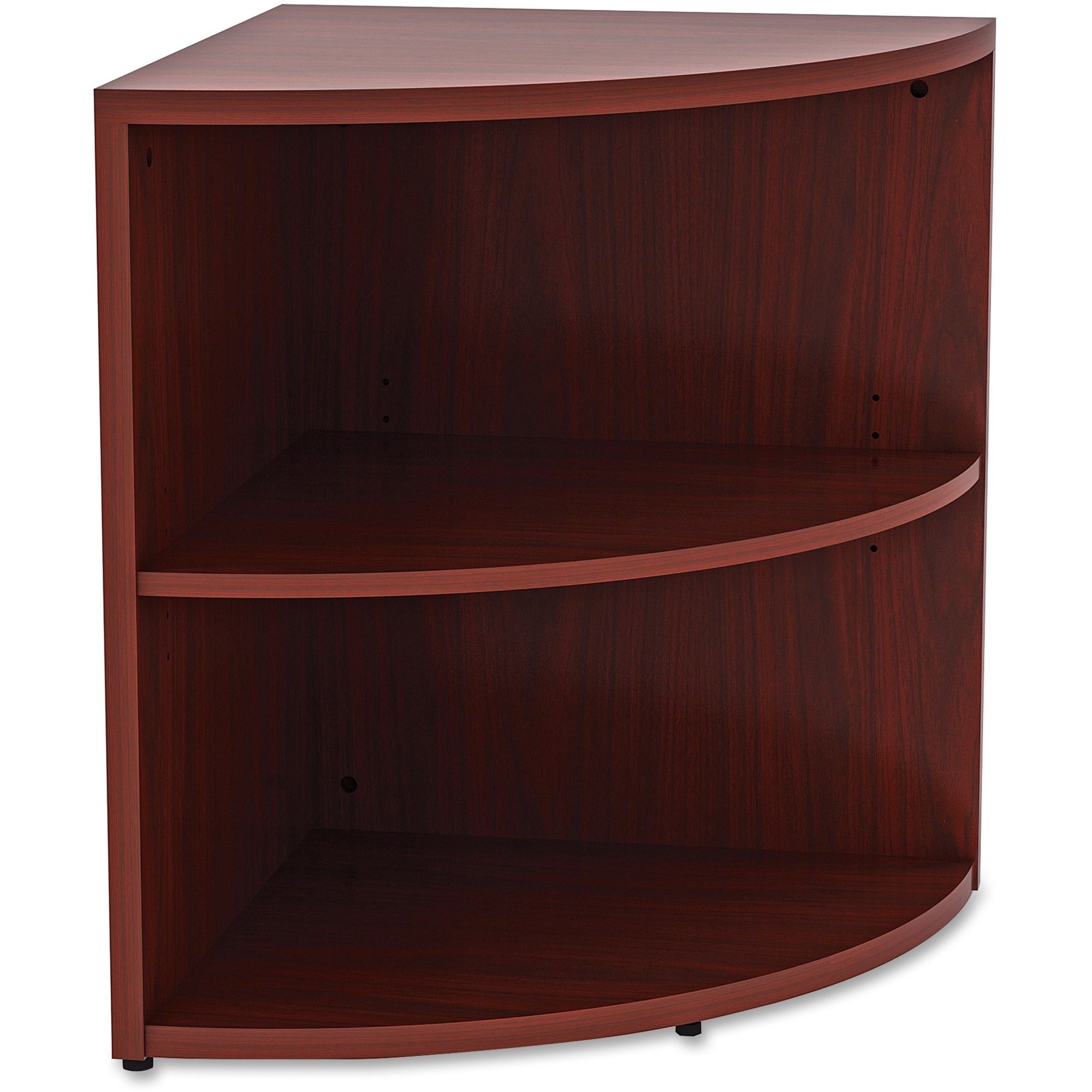 lorell-essentials-series-desk-end-corner-bookcase-295-height-x-236-width-x-236-depth-floor-mahogany-laminate-polyvinyl-chloride-pvc-1each-corner-shape_llr69893 - 1