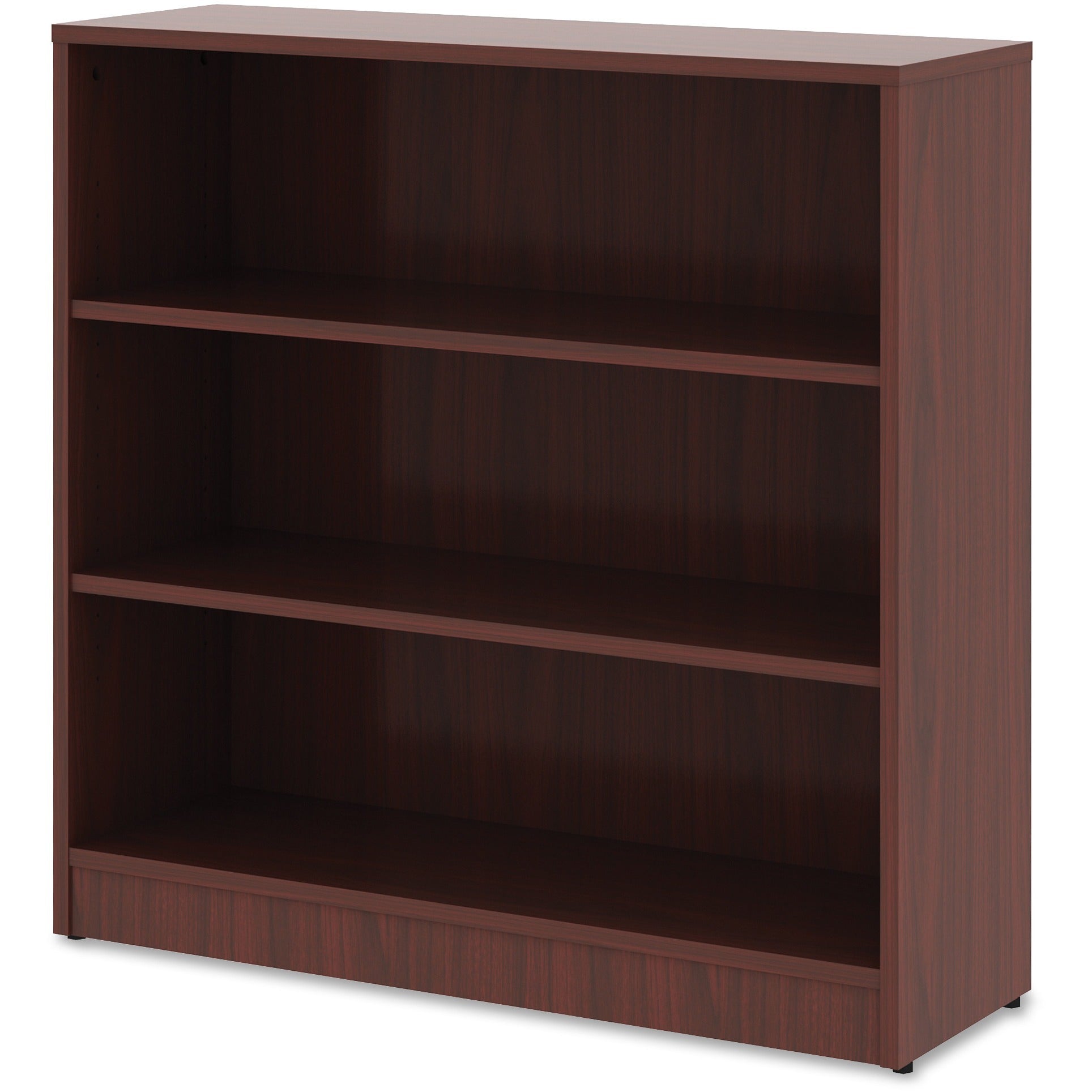 lorell-laminate-bookcase-3-shelfves-36-height-x-36-width-x-12-depth-sturdy-adjustable-feet-adjustable-shelf-thermofused-laminate-tfl-mahogany-laminate-1-each_llr99781 - 2
