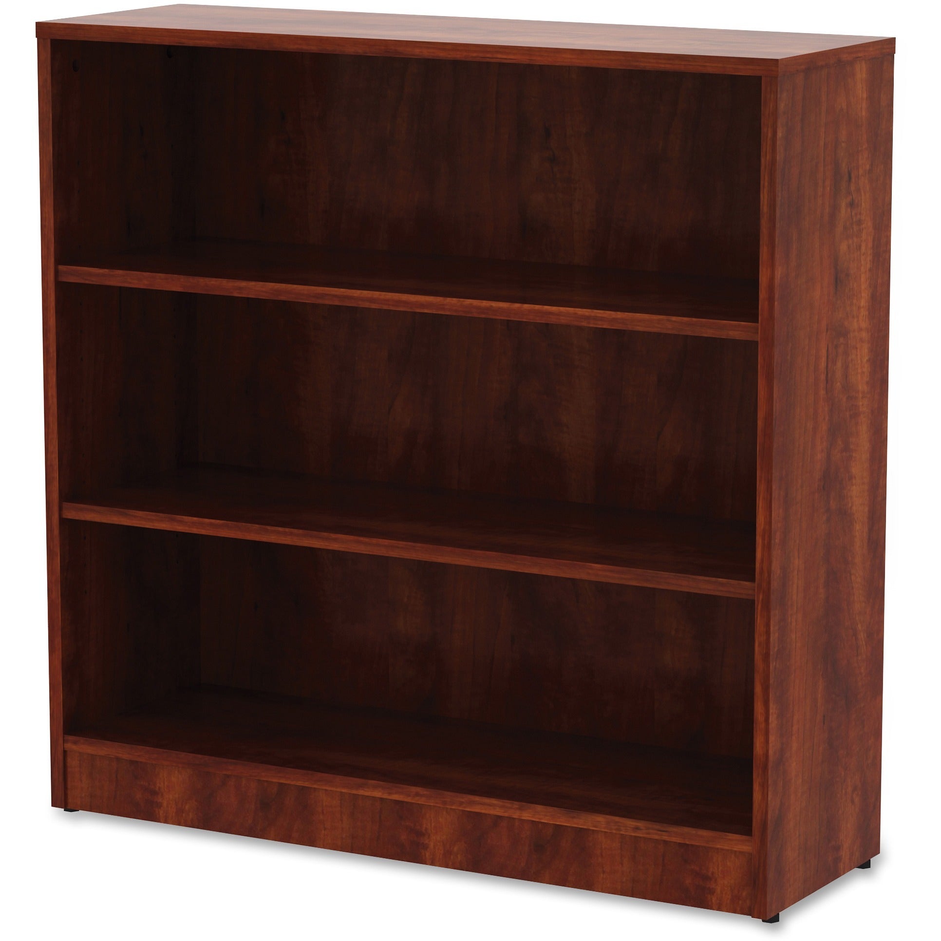 lorell-laminate-bookcase-3-shelfves-36-height-x-36-width-x-12-depth-sturdy-adjustable-feet-adjustable-shelf-thermofused-laminate-tfl-cherry-laminate-1-each_llr99782 - 3