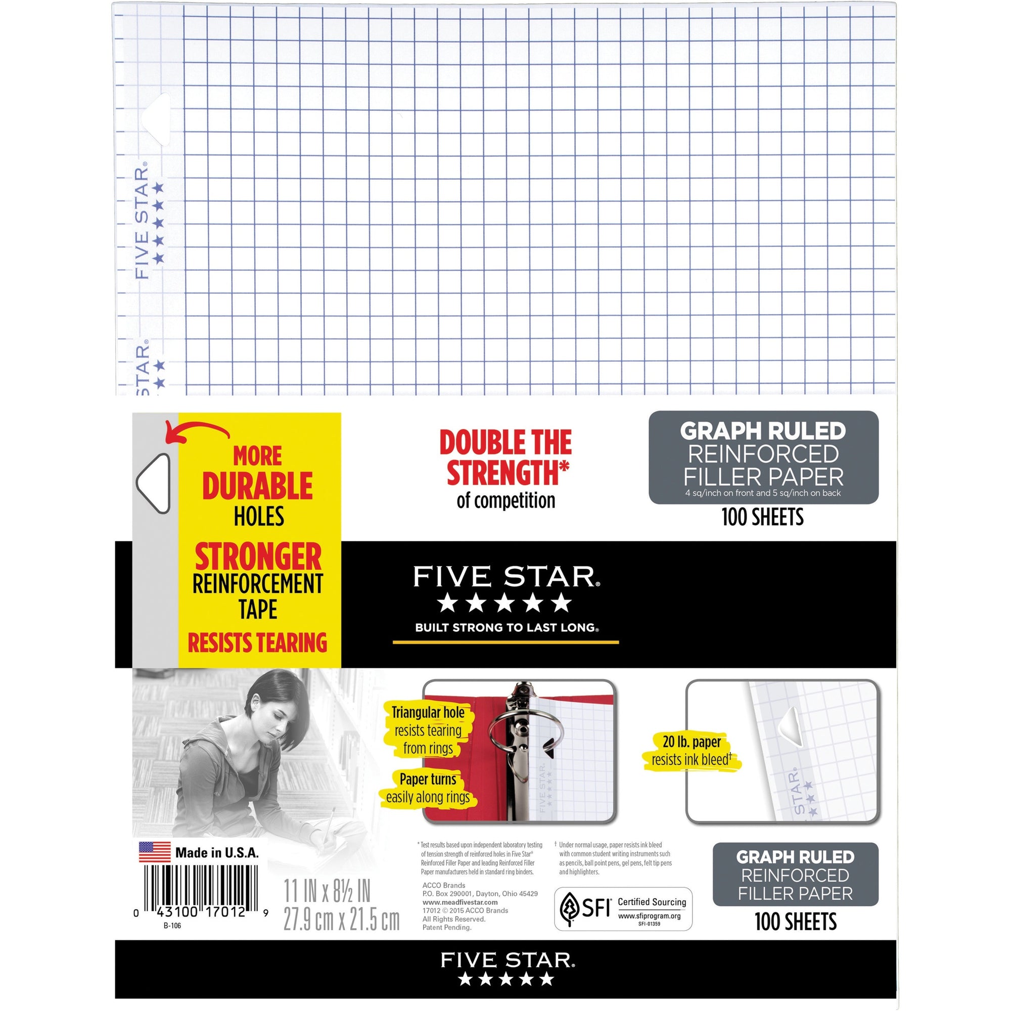 Reinforced Filler Paper, 3-Hole, 8.5 x 11, Graph Ruled, 100/Pack