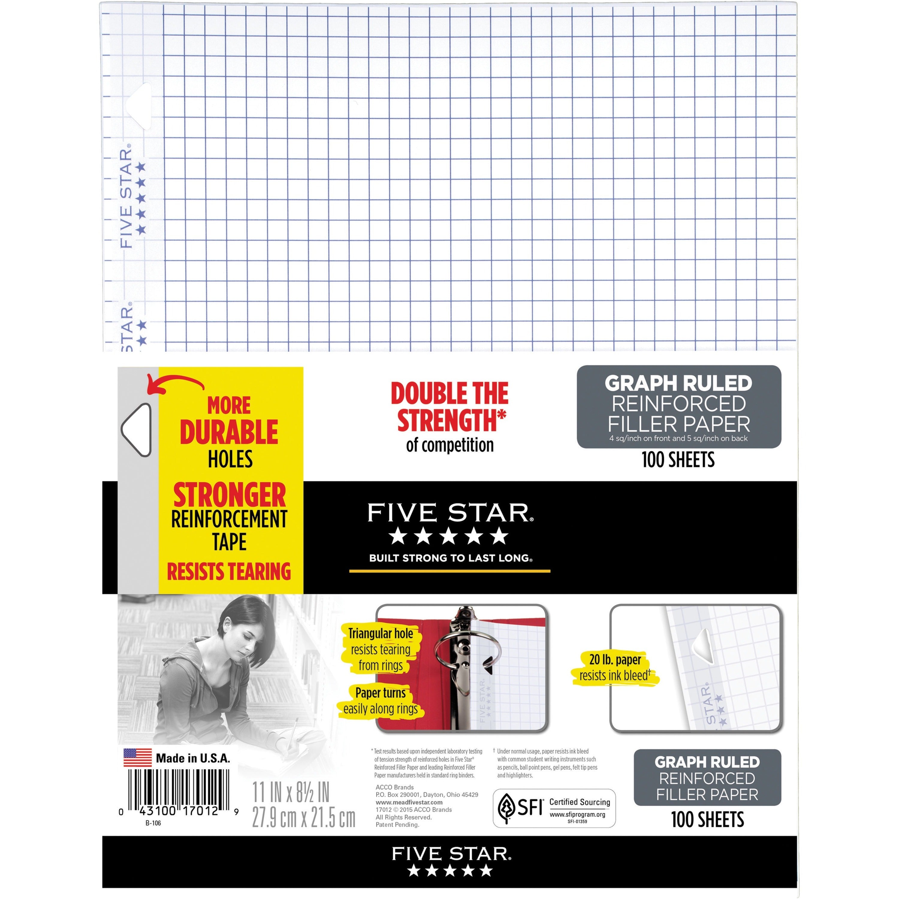 Reinforced Filler Paper, 3-Hole, 8.5 x 11, Graph Ruled, 100/Pack