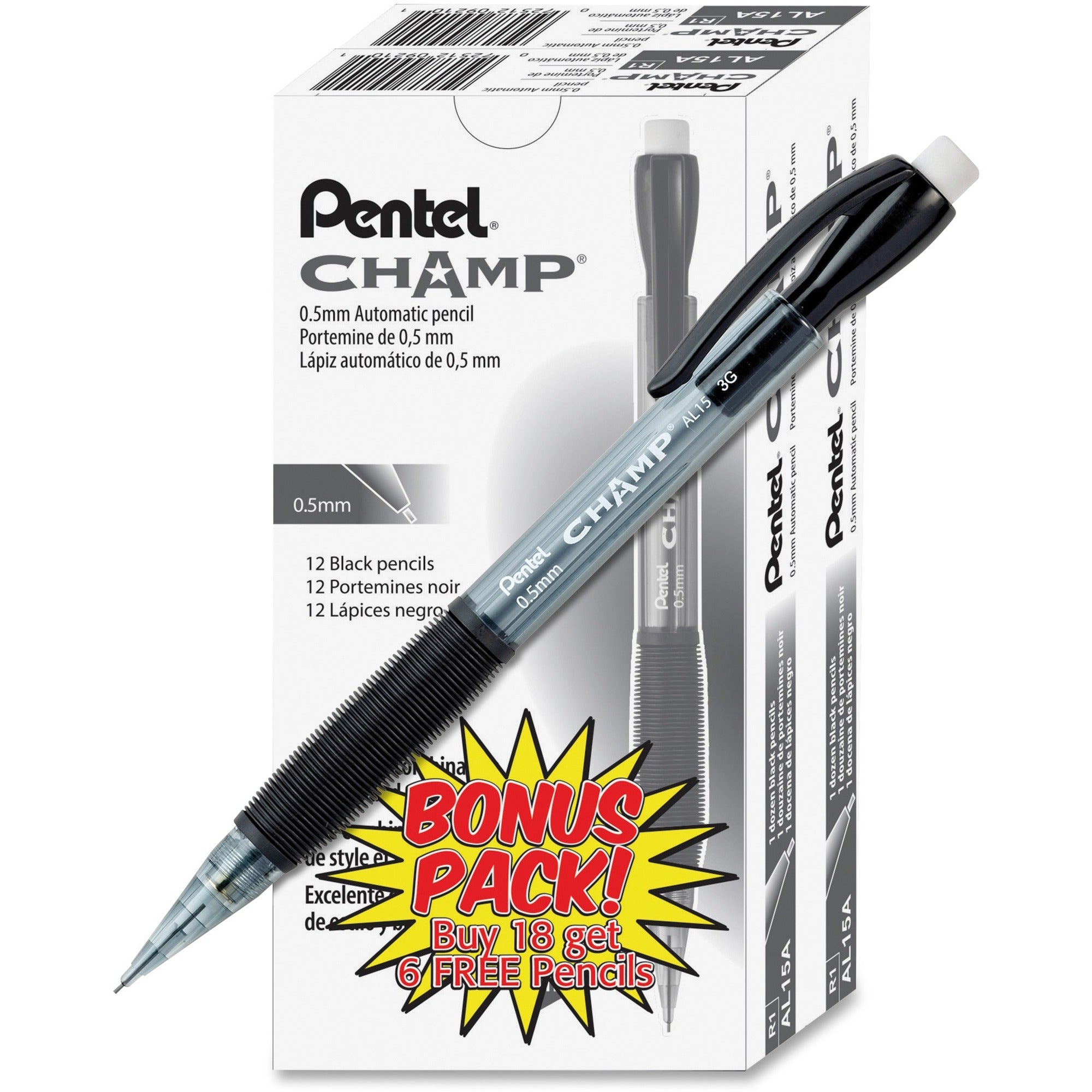 Champ Mechanical Pencil Value Pack, 0.5 mm, HB (#2), Black Lead, Clear/Black Barrel, 24/Pack