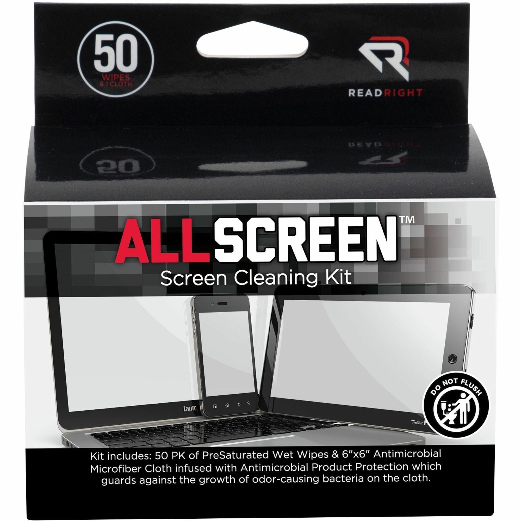 AllScreen Cleaning Kit with (1) 6 x 6 Microfiber Cloth, (50) 4 x 5 Individually Wrapped Pre-Saturated Wipes, Unscented, White