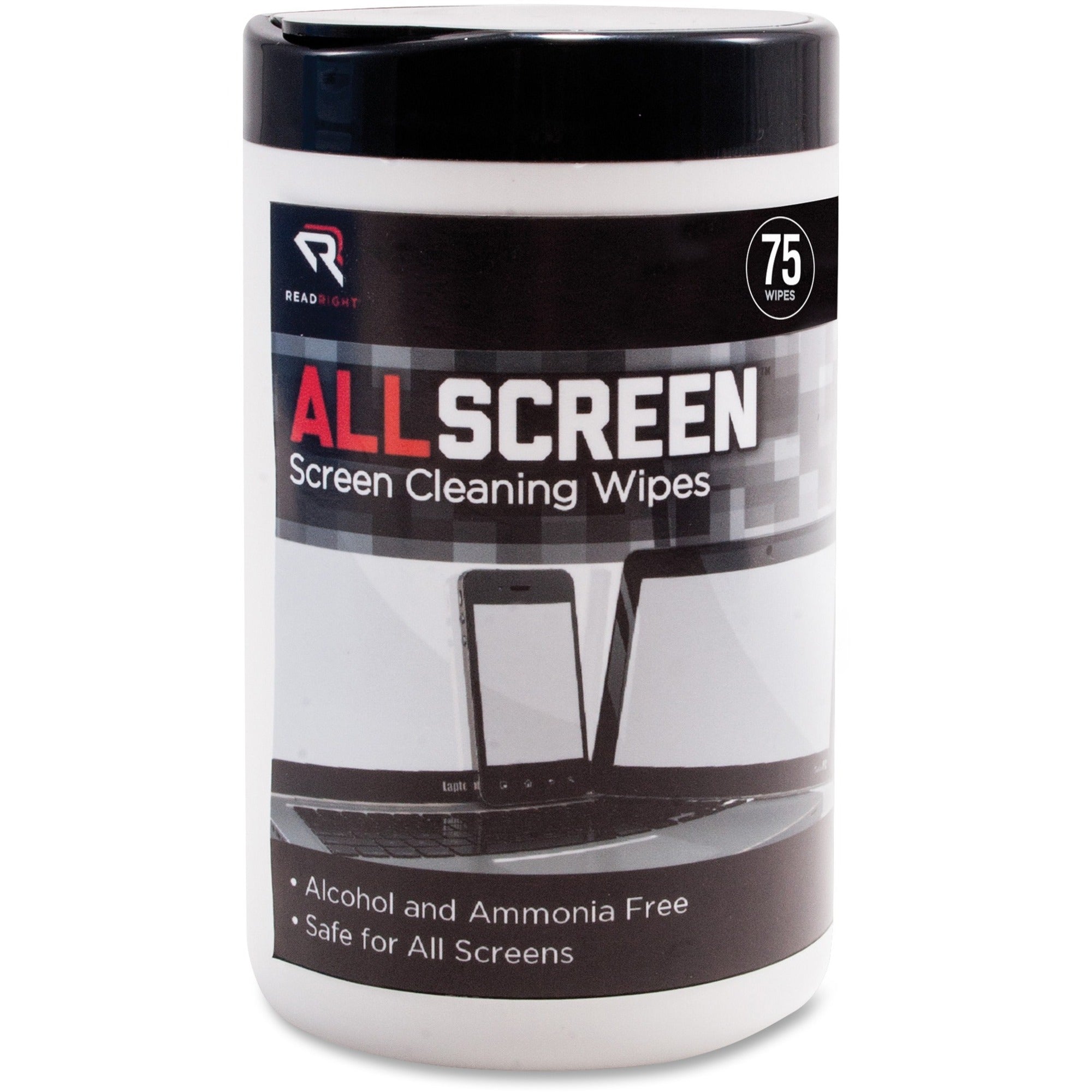 AllScreen Screen Cleaning Wipes, 1-Ply, 6 x 6, Unscented, White, 75/Tub