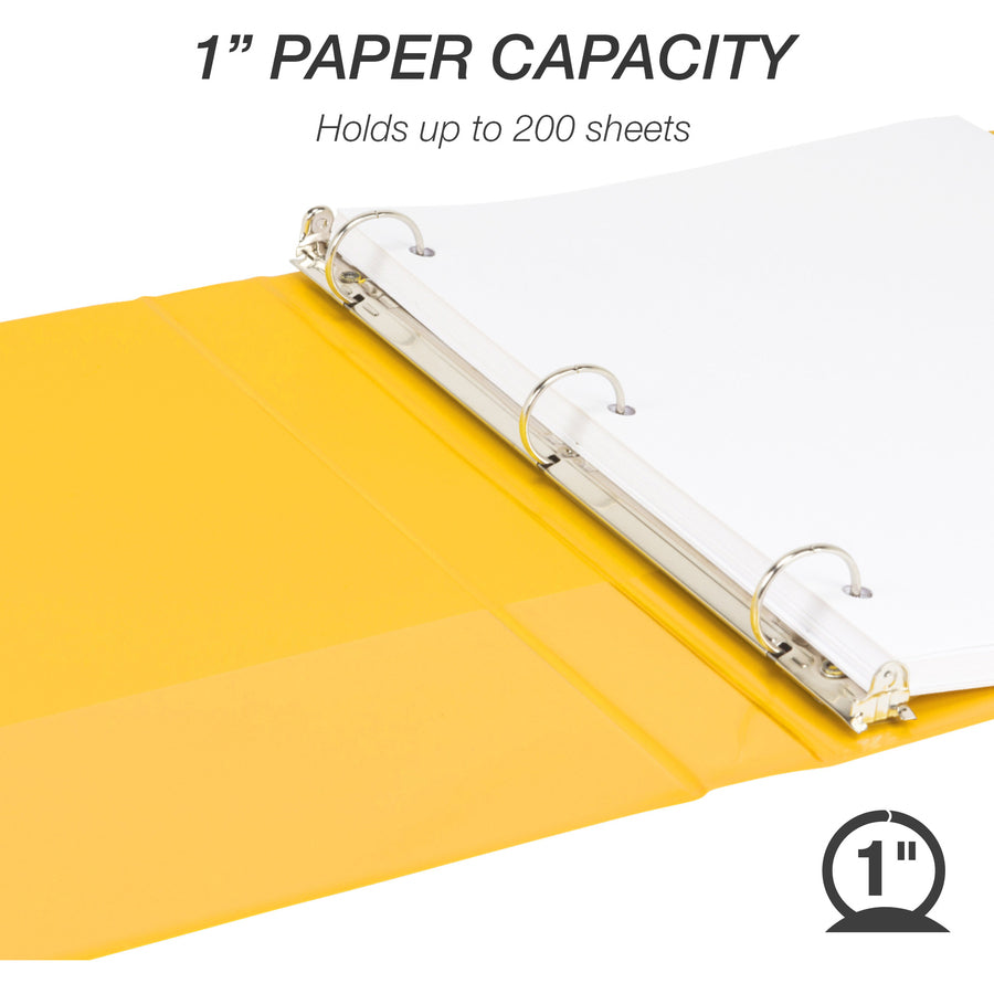 Samsill Economy 1" Round-Ring View Binder - 1" Binder Capacity - 200 Sheet Capacity - Round Ring Fastener(s) - Inside Front & Back Pocket(s) - Board, Vinyl - Yellow - 10.72 oz - Recycled - Rust Resistant, Rigid, Clear Overlay, Flexible, Exposed Rivet