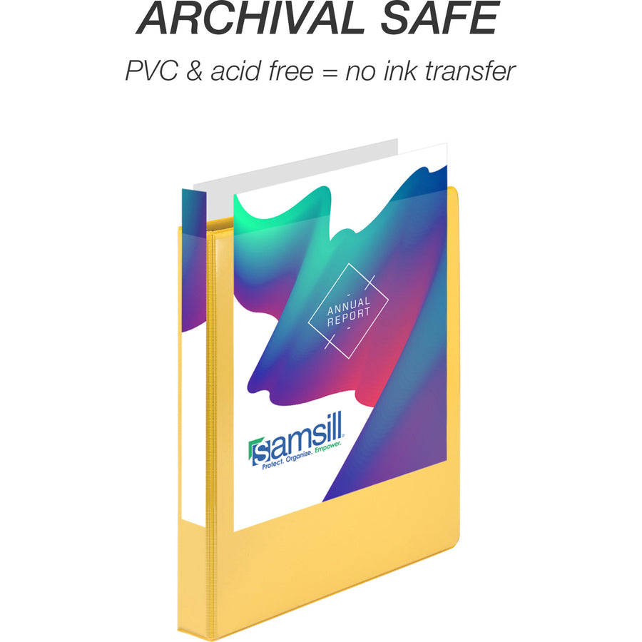 Samsill Economy 1" Round-Ring View Binder - 1" Binder Capacity - 200 Sheet Capacity - Round Ring Fastener(s) - Inside Front & Back Pocket(s) - Board, Vinyl - Yellow - 10.72 oz - Recycled - Rust Resistant, Rigid, Clear Overlay, Flexible, Exposed Rivet