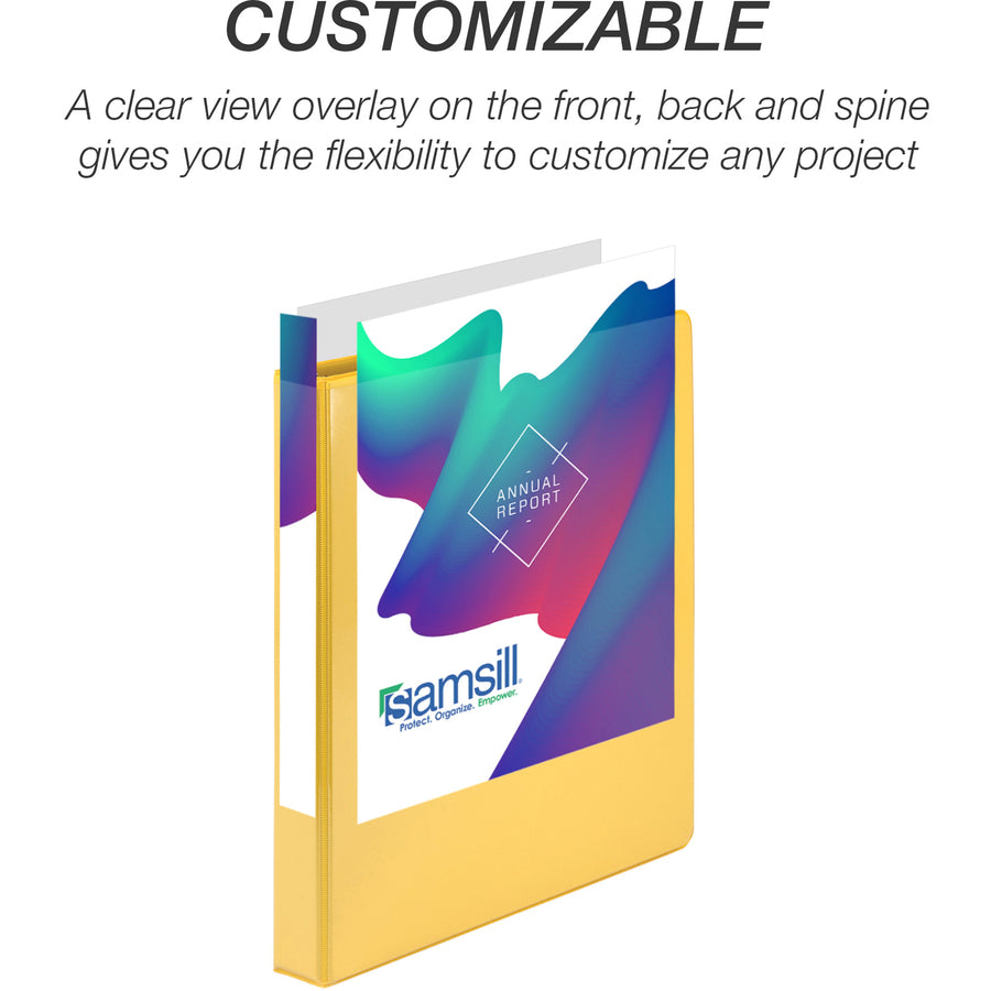 Samsill Economy 1" Round-Ring View Binder - 1" Binder Capacity - 200 Sheet Capacity - Round Ring Fastener(s) - Inside Front & Back Pocket(s) - Board, Vinyl - Yellow - 10.72 oz - Recycled - Rust Resistant, Rigid, Clear Overlay, Flexible, Exposed Rivet