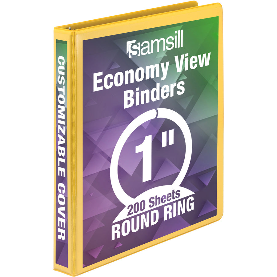 samsill-economy-1-round-ring-view-binder-1-binder-capacity-200-sheet-capacity-round-ring-fasteners-inside-front-&-back-pockets-board-vinyl-yellow-1072-oz-recycled-rust-resistant-rigid-clear-overlay-flexible-exposed-rivet_sam18531 - 2