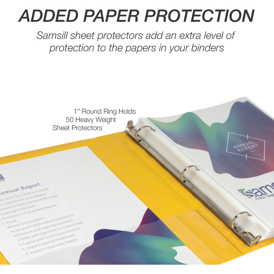 Samsill Economy 1" Round-Ring View Binder - 1" Binder Capacity - 200 Sheet Capacity - Round Ring Fastener(s) - Inside Front & Back Pocket(s) - Board, Vinyl - Yellow - 10.72 oz - Recycled - Rust Resistant, Rigid, Clear Overlay, Flexible, Exposed Rivet