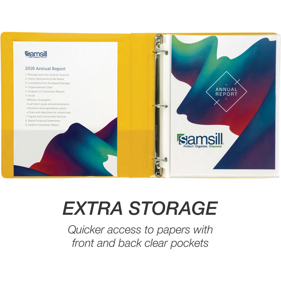 Samsill Economy 1" Round-Ring View Binder - 1" Binder Capacity - 200 Sheet Capacity - Round Ring Fastener(s) - Inside Front & Back Pocket(s) - Board, Vinyl - Yellow - 10.72 oz - Recycled - Rust Resistant, Rigid, Clear Overlay, Flexible, Exposed Rivet