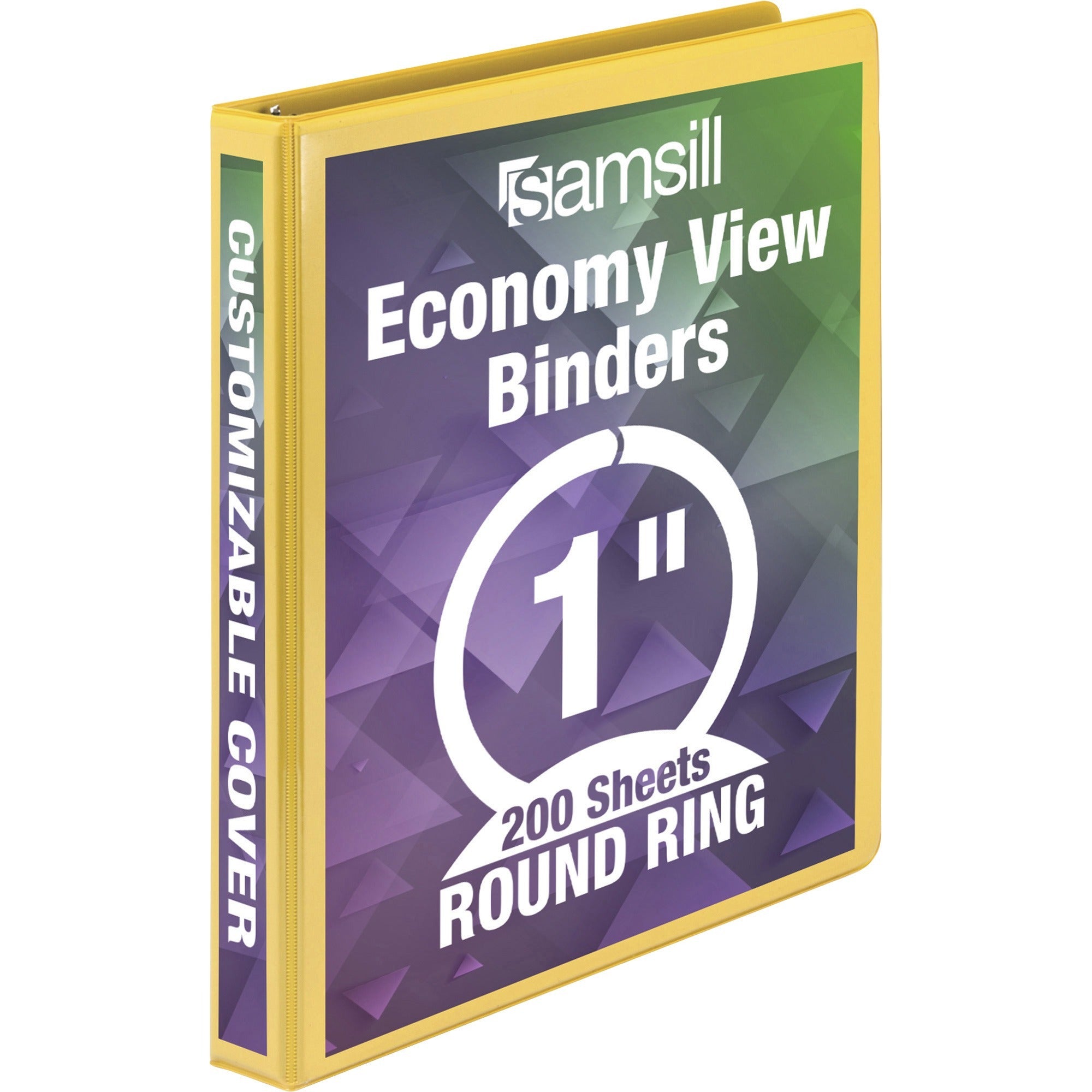 Samsill Economy 1" Round-Ring View Binder - 1" Binder Capacity - 200 Sheet Capacity - Round Ring Fastener(s) - Inside Front & Back Pocket(s) - Board, Vinyl - Yellow - 10.72 oz - Recycled - Rust Resistant, Rigid, Clear Overlay, Flexible, Exposed Rivet