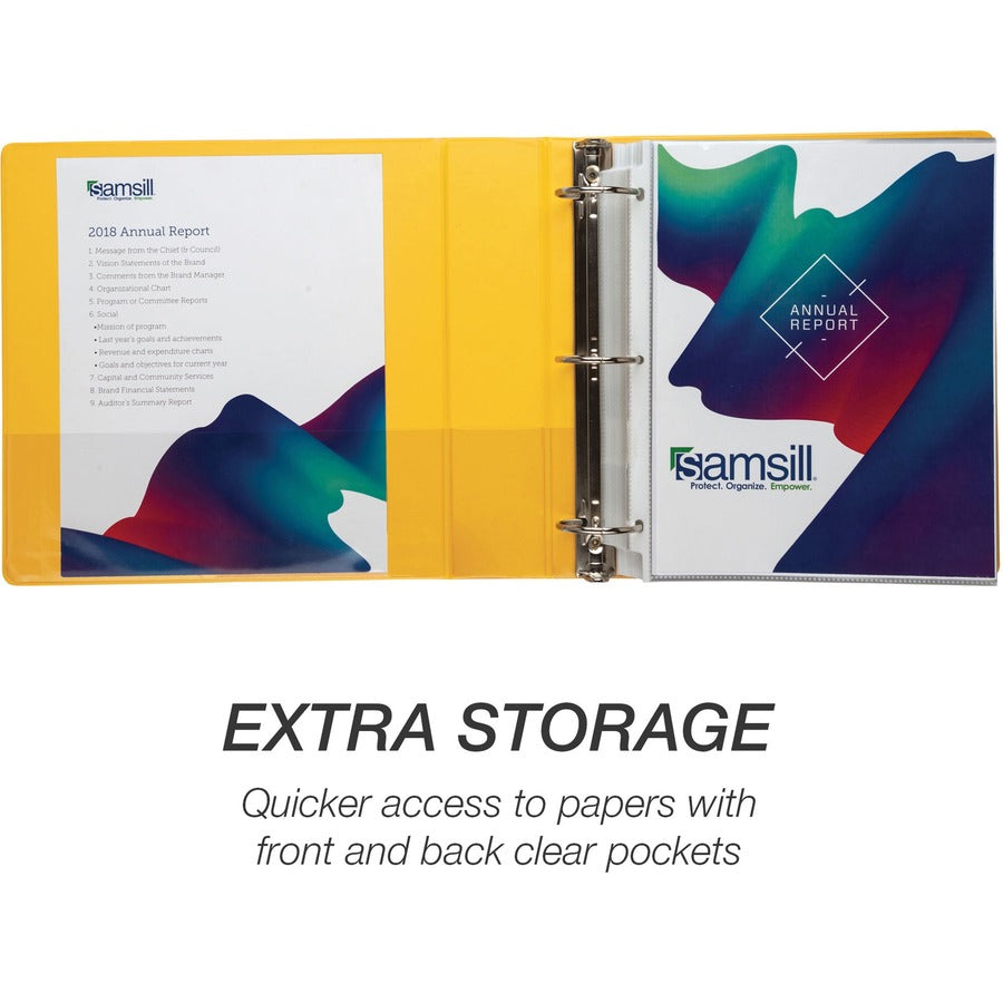Samsill Economy 2" Round-Ring View Binder - 2" Binder Capacity - Round Ring Fastener(s) - Inside Front & Back Pocket(s) - Board, Vinyl - Yellow - 1.12 lb - Recycled - Rust Resistant, Rigid, Clear Overlay, Flexible, Exposed Rivet, Hinged - 1 Each