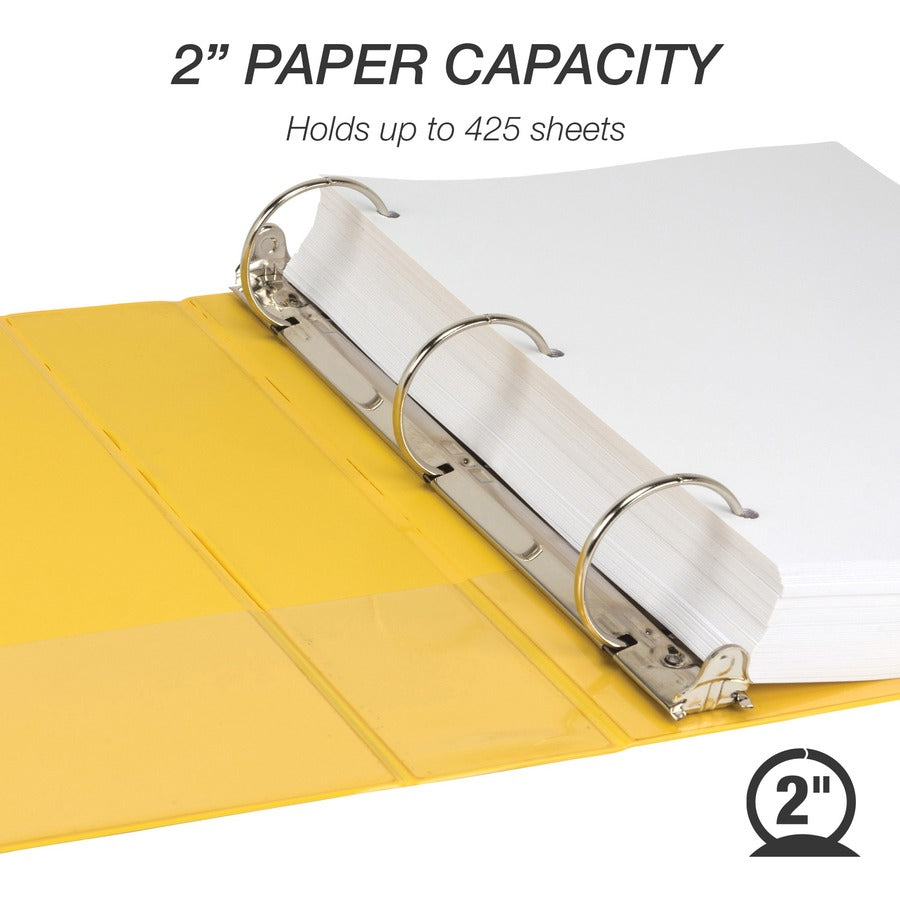 Samsill Economy 2" Round-Ring View Binder - 2" Binder Capacity - Round Ring Fastener(s) - Inside Front & Back Pocket(s) - Board, Vinyl - Yellow - 1.12 lb - Recycled - Rust Resistant, Rigid, Clear Overlay, Flexible, Exposed Rivet, Hinged - 1 Each
