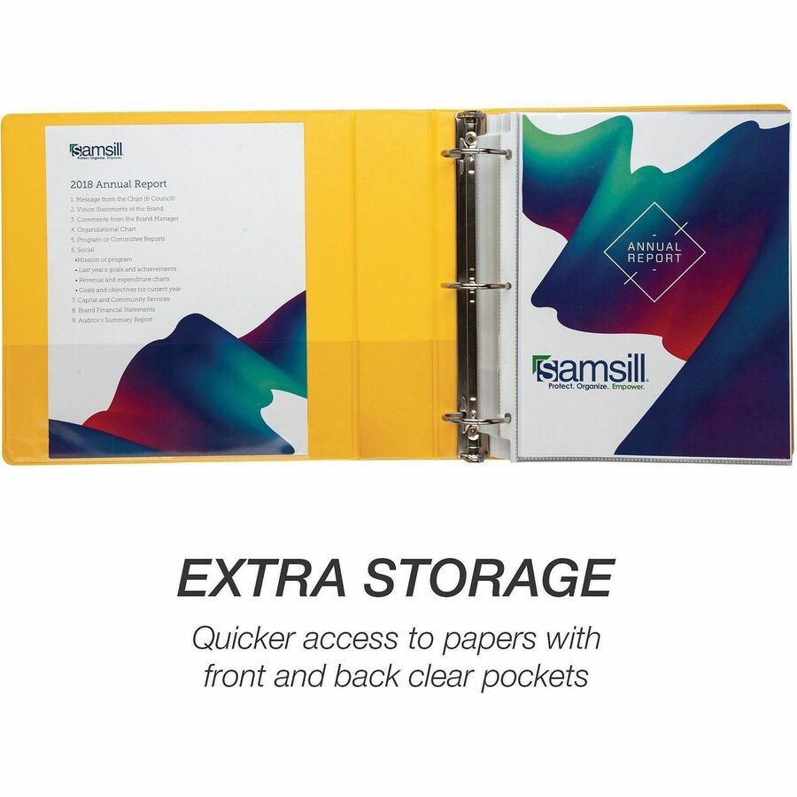 Samsill Economy 2" Round-Ring View Binder - 2" Binder Capacity - Round Ring Fastener(s) - Inside Front & Back Pocket(s) - Board, Vinyl - Yellow - 1.12 lb - Recycled - Rust Resistant, Rigid, Clear Overlay, Flexible, Exposed Rivet, Hinged - 1 Each