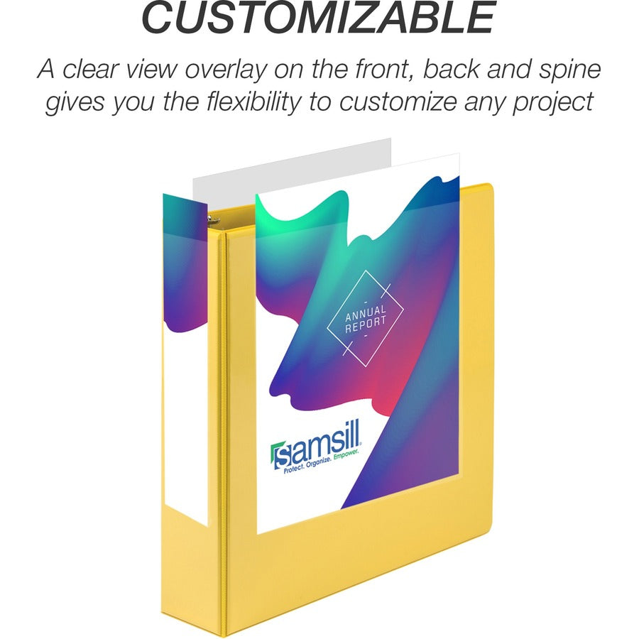 Samsill Economy 2" Round-Ring View Binder - 2" Binder Capacity - Round Ring Fastener(s) - Inside Front & Back Pocket(s) - Board, Vinyl - Yellow - 1.12 lb - Recycled - Rust Resistant, Rigid, Clear Overlay, Flexible, Exposed Rivet, Hinged - 1 Each