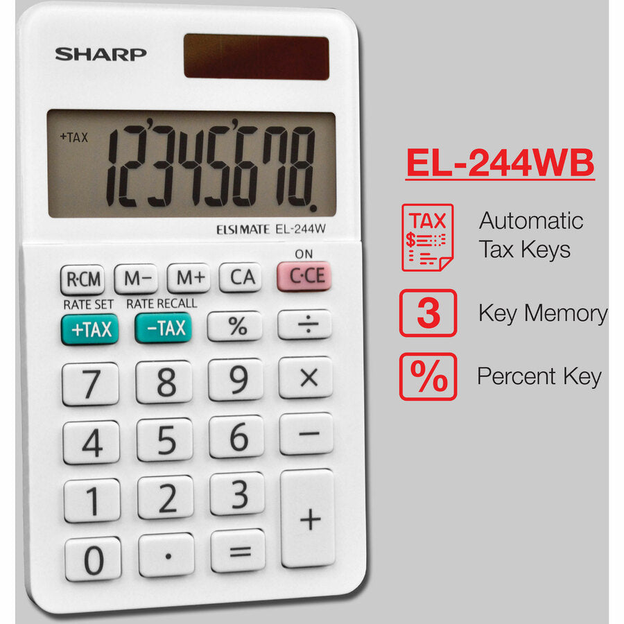 Sharp EL-244WB 8 Digit Professional Pocket Calculator - Extra Large Display, Durable, Plastic Key, Dual Power, 3-Key Memory, Automatic Power Down - 8 Digits - LCD - White - 1 Each