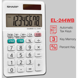 Sharp EL-244WB 8 Digit Professional Pocket Calculator - Extra Large Display, Durable, Plastic Key, Dual Power, 3-Key Memory, Automatic Power Down - 8 Digits - LCD - White - 1 Each