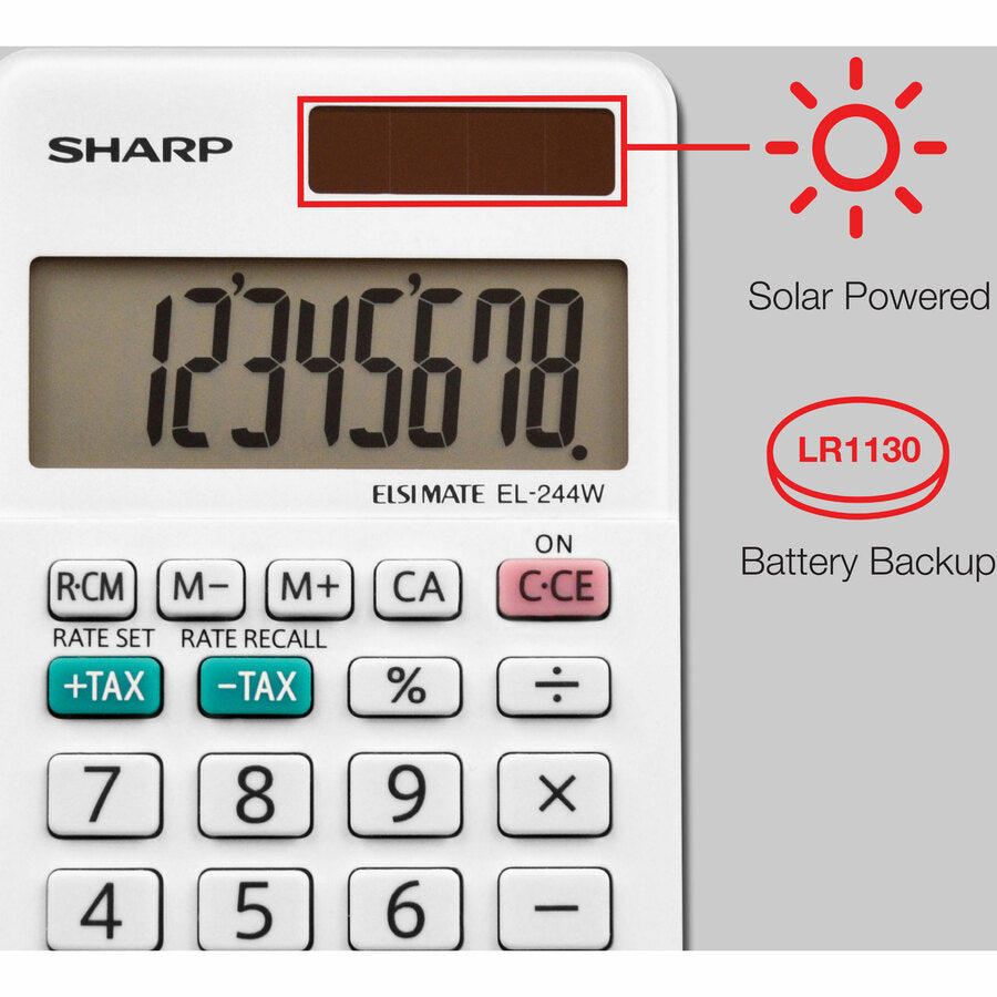 Sharp EL-244WB 8 Digit Professional Pocket Calculator - Extra Large Display, Durable, Plastic Key, Dual Power, 3-Key Memory, Automatic Power Down - 8 Digits - LCD - White - 1 Each