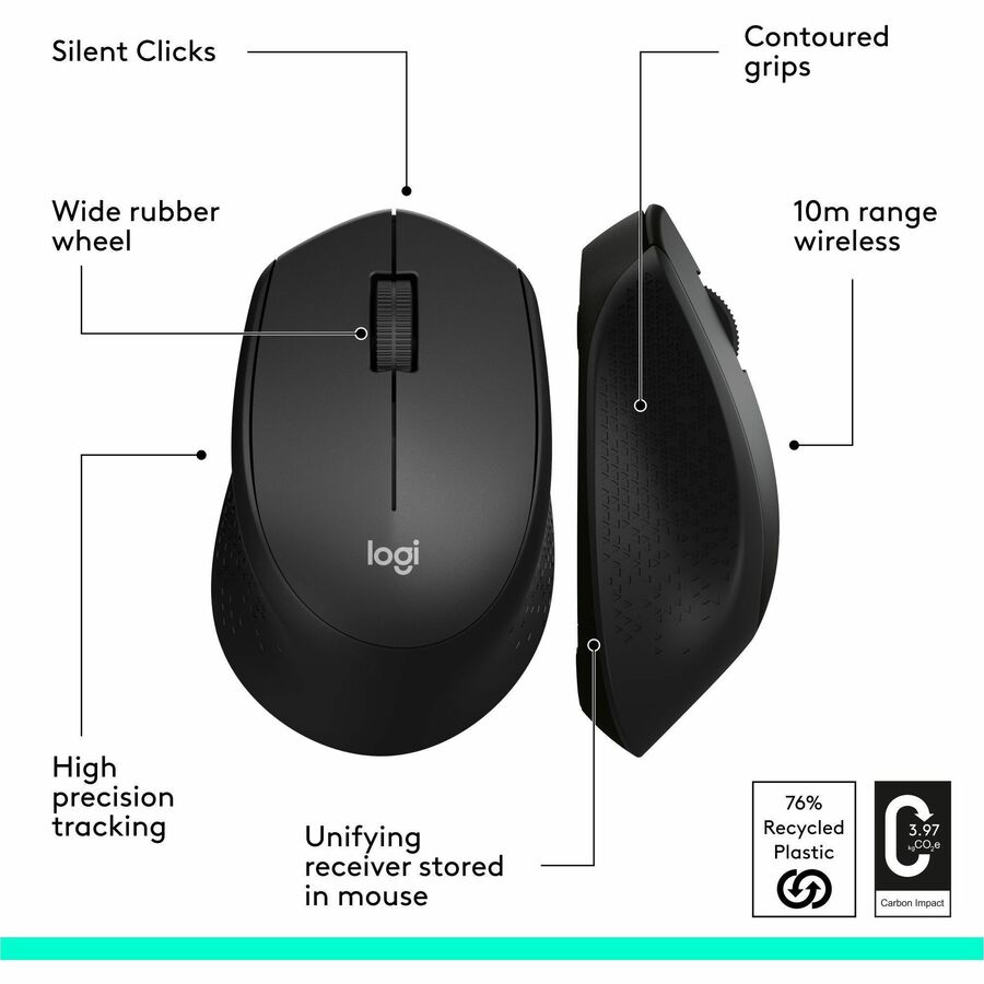 M330 Silent Plus Mouse, 2.4 GHz Frequency/33 ft Wireless Range, Right Hand Use, Black