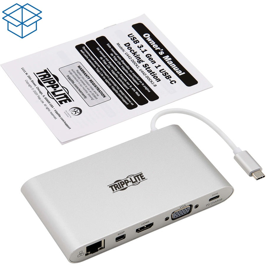 tripp-lite-by-eaton-usb-c-dock-dual-display-4k-hdmi-mdp-vga-usb-3x-5gbps-usb-a-c-hub-gbe-memory-card-100w-pd-charging-docking-station-for-notebook-tablet-pc-usb-type-c-3-x-usb-ports-3-x-usb-30-network-rj-45-hdmi-vga-mini-displ_trpu442dock1 - 4