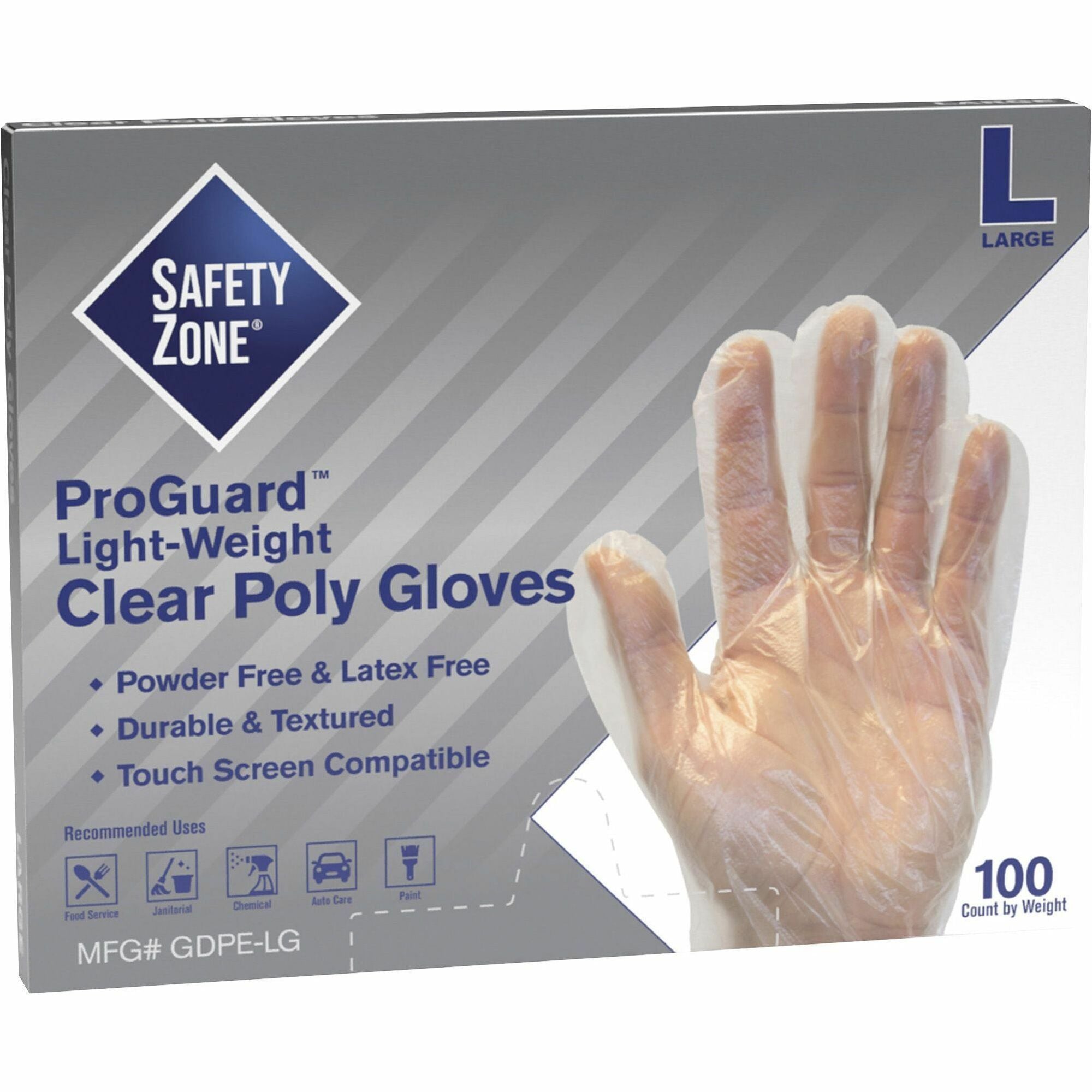 safety-zone-clear-powder-free-polyethylene-gloves-large-size-clear-die-cut-heat-sealed-edge-embossed-grip-latex-free-silicone-free-recyclable-for-food-100-pack-1175-glove-length_szngdpelg - 1