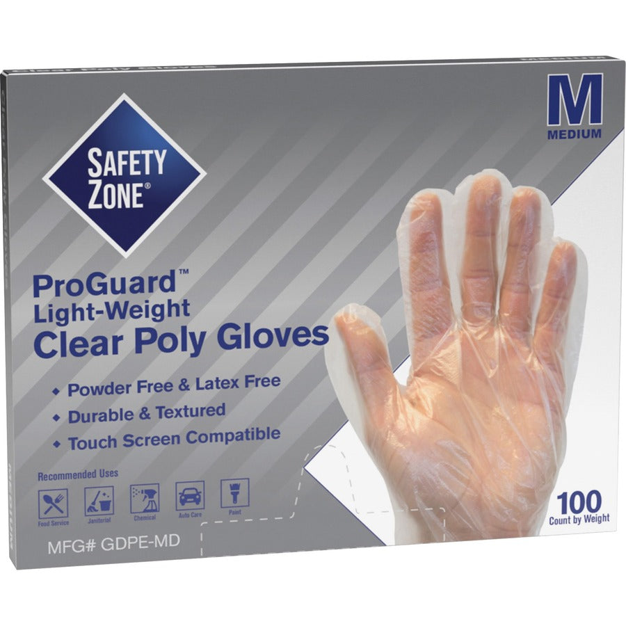 safety-zone-clear-powder-free-polyethylene-gloves-medium-size-clear-die-cut-heat-sealed-edge-embossed-grip-latex-free-silicone-free-recyclable-for-food-100-pack-1175-glove-length_szngdpemd - 2
