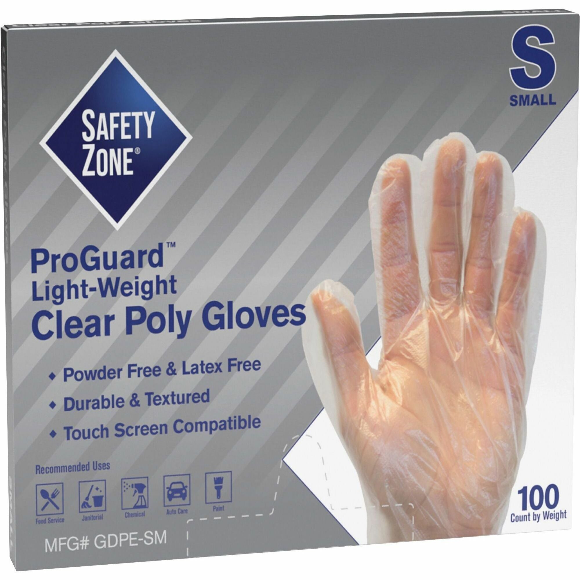 safety-zone-clear-powder-free-polyethylene-gloves-small-size-clear-die-cut-heat-sealed-edge-embossed-grip-latex-free-silicone-free-recyclable-for-food-100-pack-1175-glove-length_szngdpesm - 1
