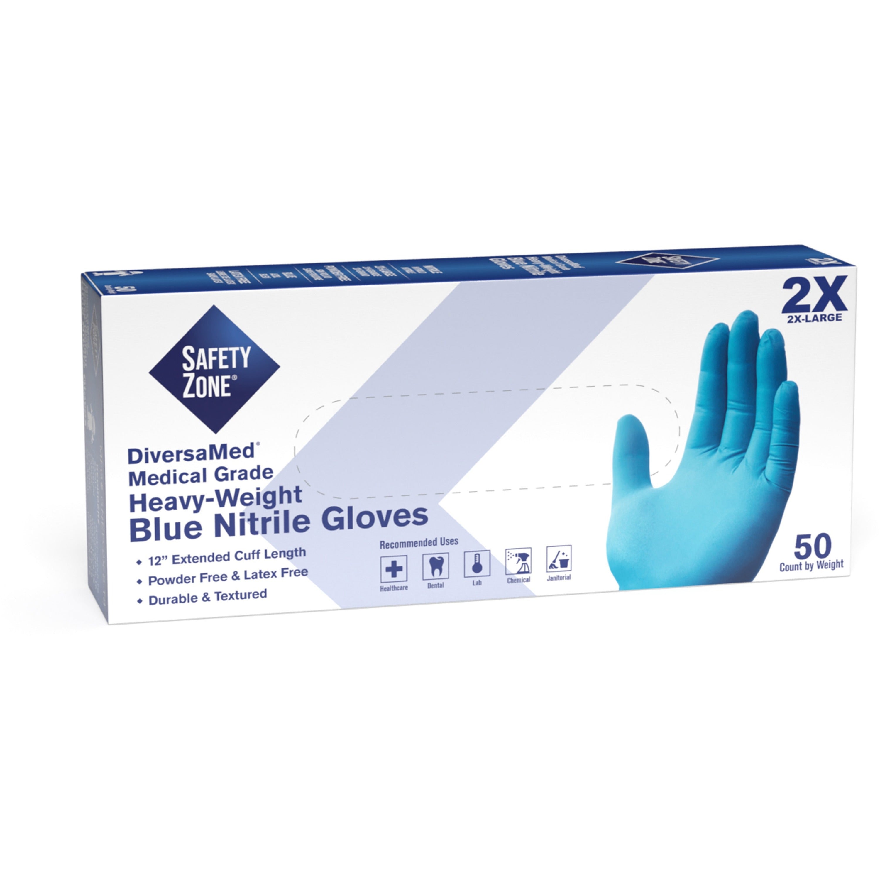Safety Zone 12" Powder Free Blue Nitrile Gloves - XXL Size - Blue - Comfortable, Allergen-free, Silicone-free, Latex-free, Textured, DEHP-free - For Cleaning, Dishwashing, Medical, Food, Janitorial Use, Painting, Pet Care - 8 mil Thickness - 12" Glov