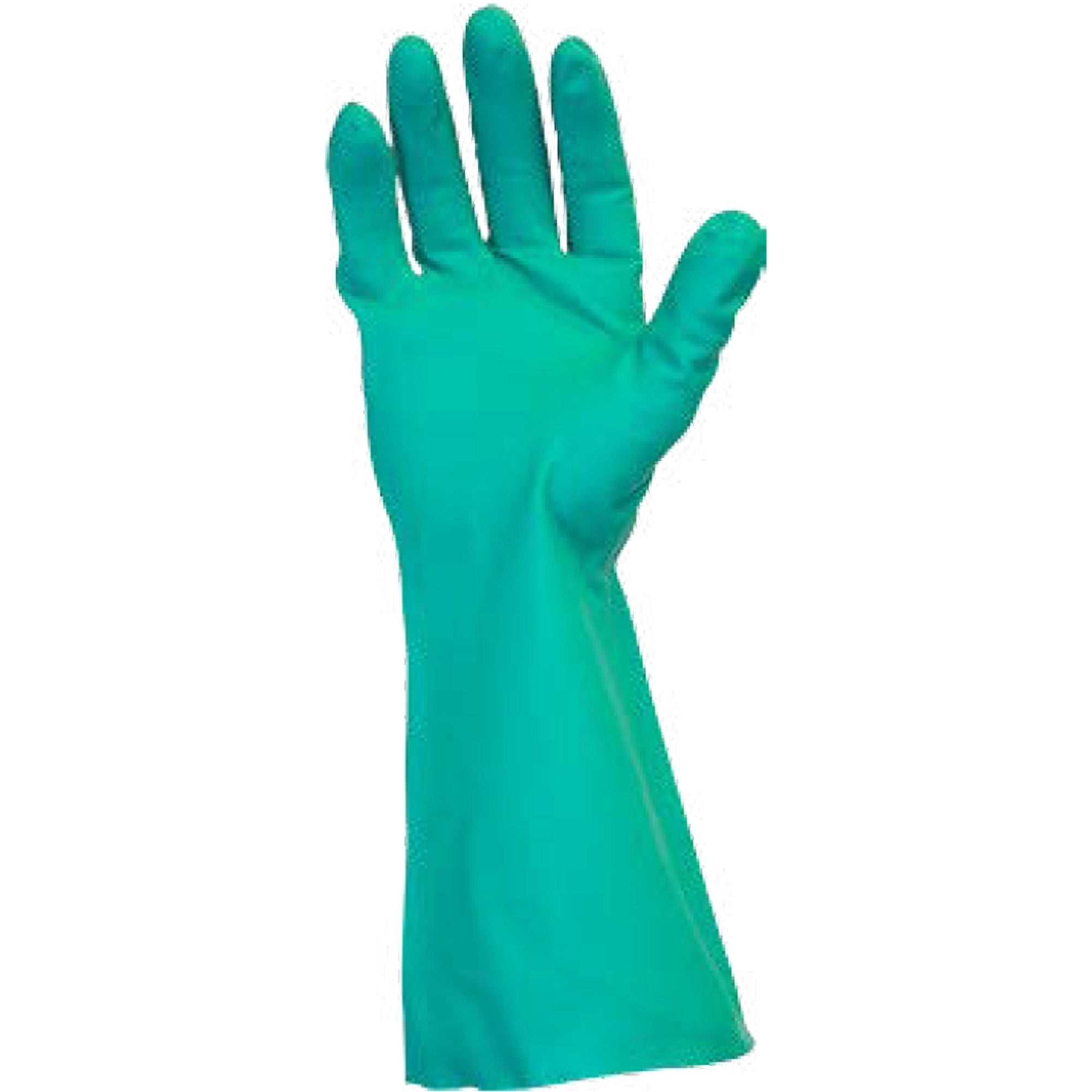 Safety Zone Green Flock Lined Nitrile Gloves - Chemical Protection - X-Large Size - Green - Raised Diamond Grip, Flock-lined - For Dishwashing, Cleaning, Meat Processing - 15 mil Thickness - 13" Glove Length