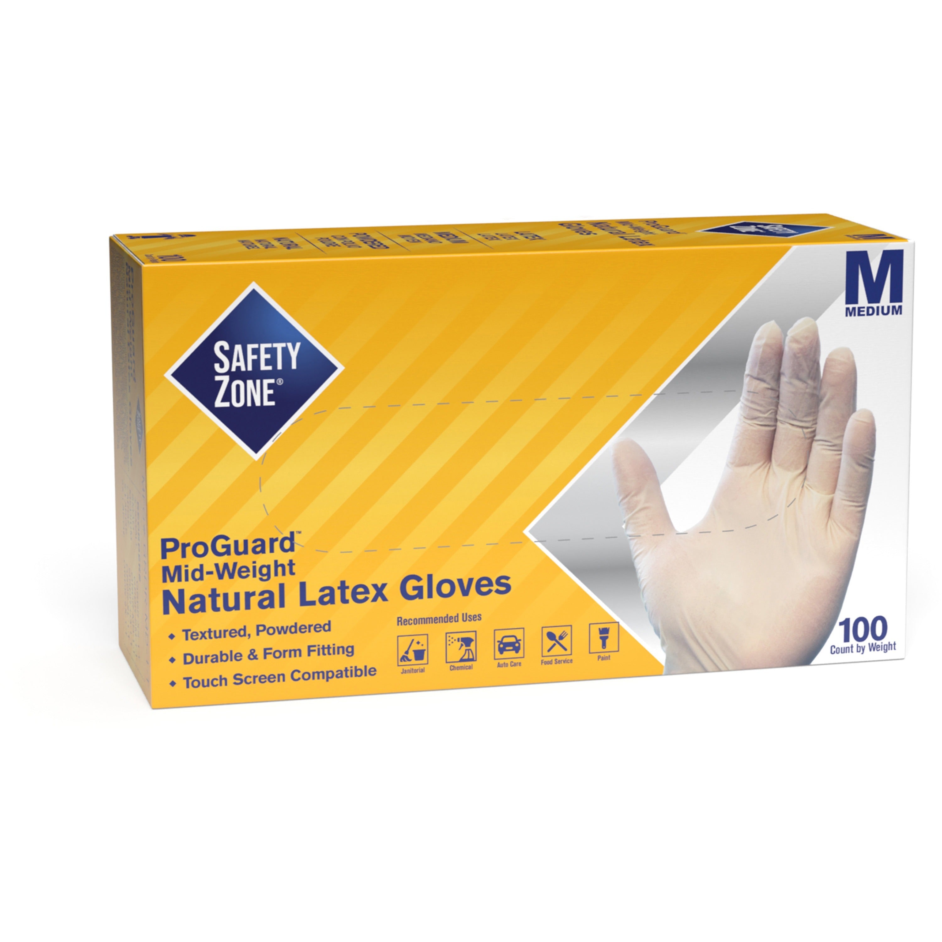 Safety Zone Powdered Natural Latex Gloves - Polymer Coating - Medium Size - Natural - Allergen-free, Silicone-free, Powdered - 9.65" Glove Length