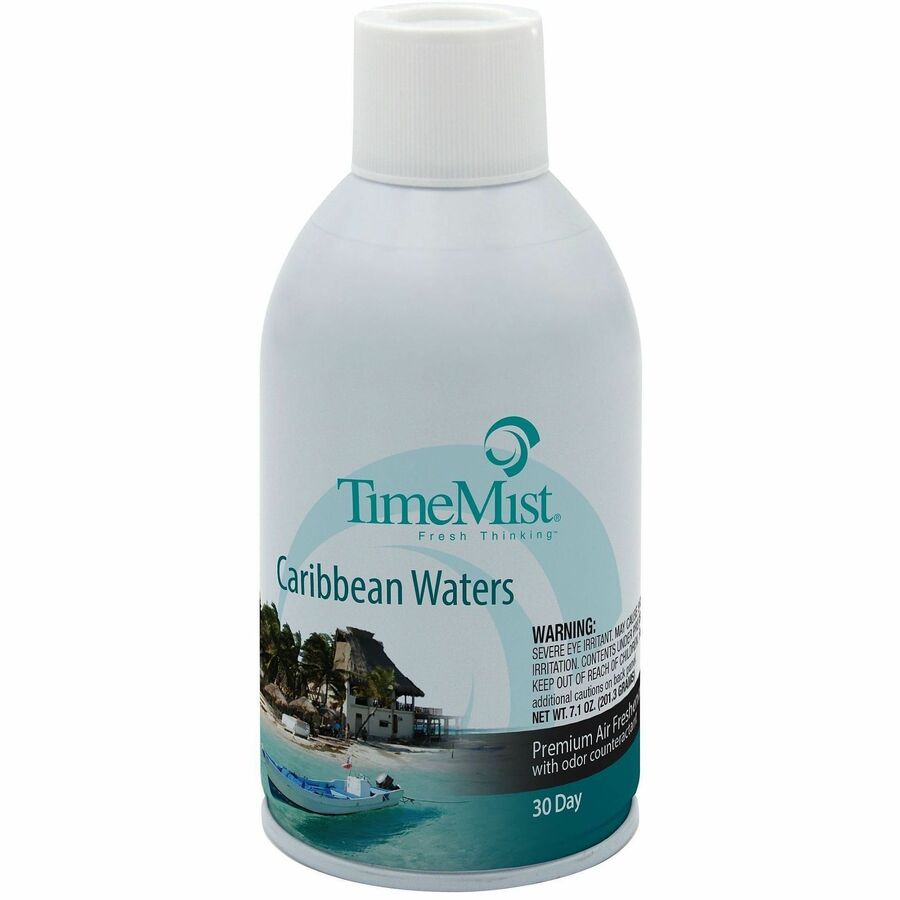 TimeMist Metered 30-Day Caribbean Waters Scent Refill - Spray - 6000 ft - 6.6 fl oz (0.2 quart) - Caribbean Waters - 30 Day - 12 / Carton - Long Lasting, Odor Neutralizer
