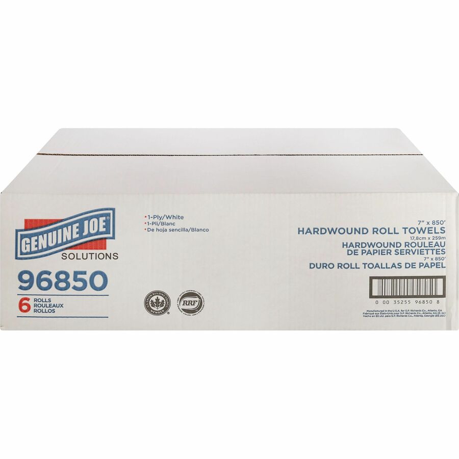 Genuine Joe Solutions Hardwound Paper Towels - 1 Ply - 7" x 850 ft - White - Virgin Fiber - Soft, Embossed, Absorbent, Eco-friendly, Strong - 6 / Carton