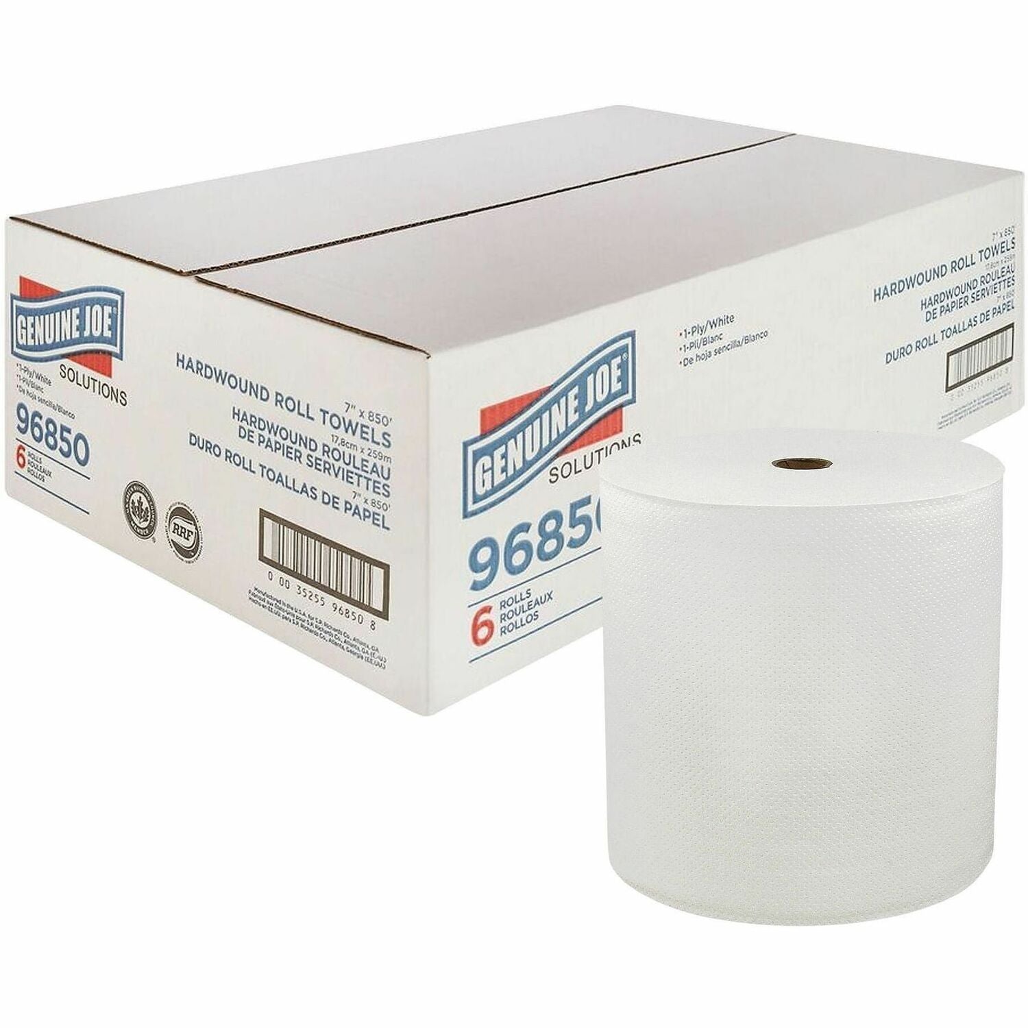 Genuine Joe Solutions Hardwound Paper Towels - 1 Ply - 7" x 850 ft - White - Virgin Fiber - Soft, Embossed, Absorbent, Eco-friendly, Strong - 6 / Carton