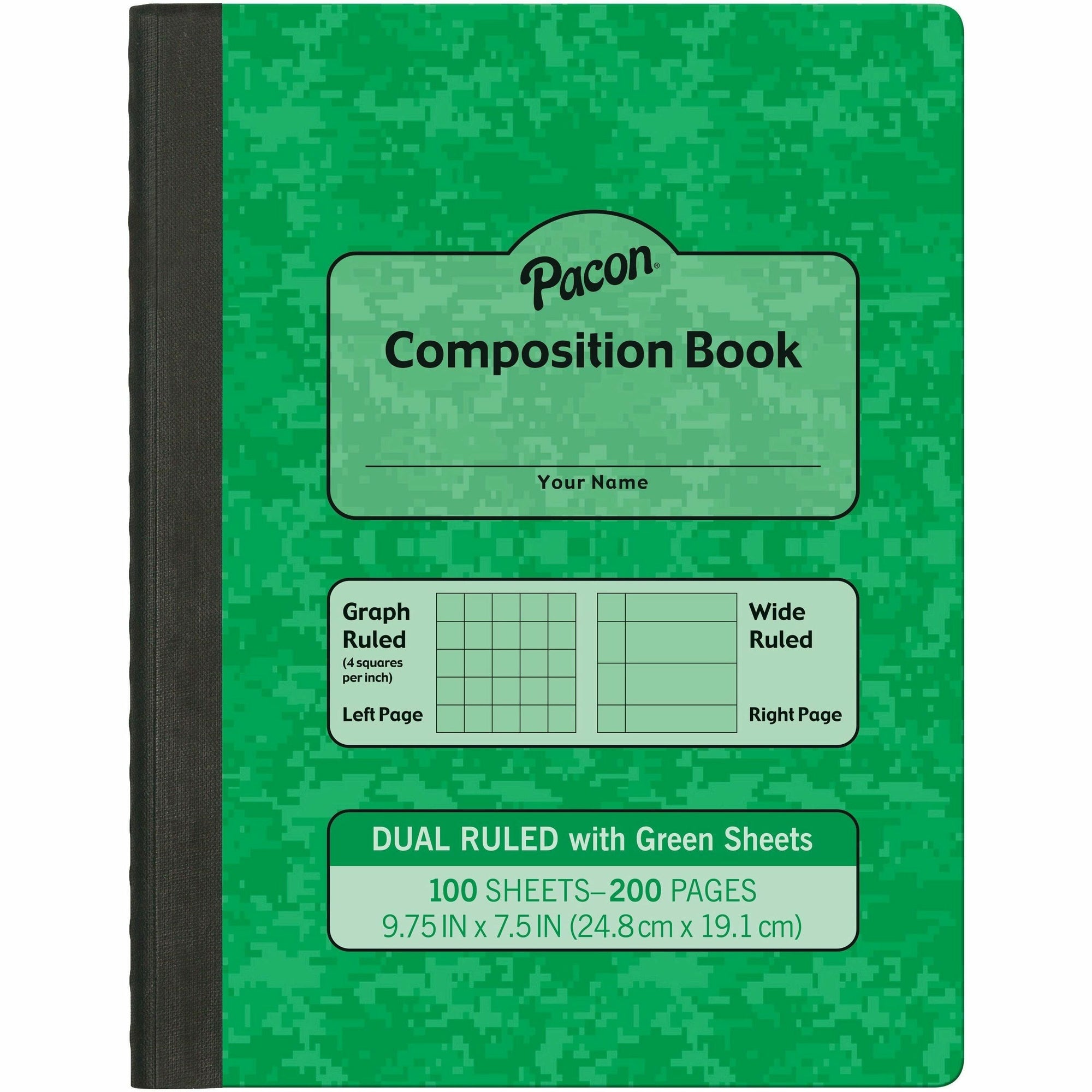 Pacon Dual Ruled Composition Book - Plain - Quad Ruled, Wide Ruled - 9.75" x 7.5" x 0.5" - Green Cover - 24 / Carton