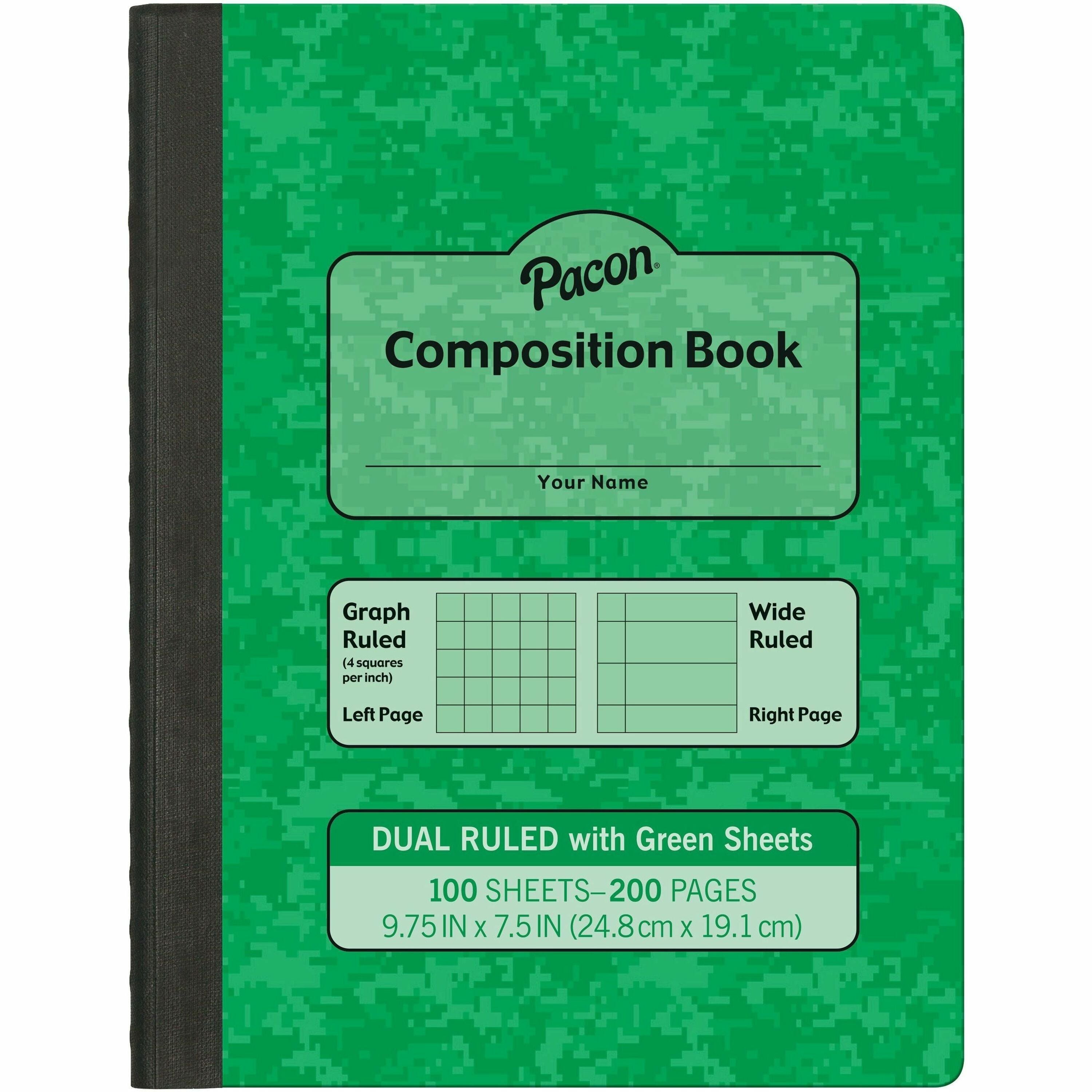 Pacon Dual Ruled Composition Book - Plain - Quad Ruled, Wide Ruled - 9.75" x 7.5" x 0.5" - Green Cover - 24 / Carton
