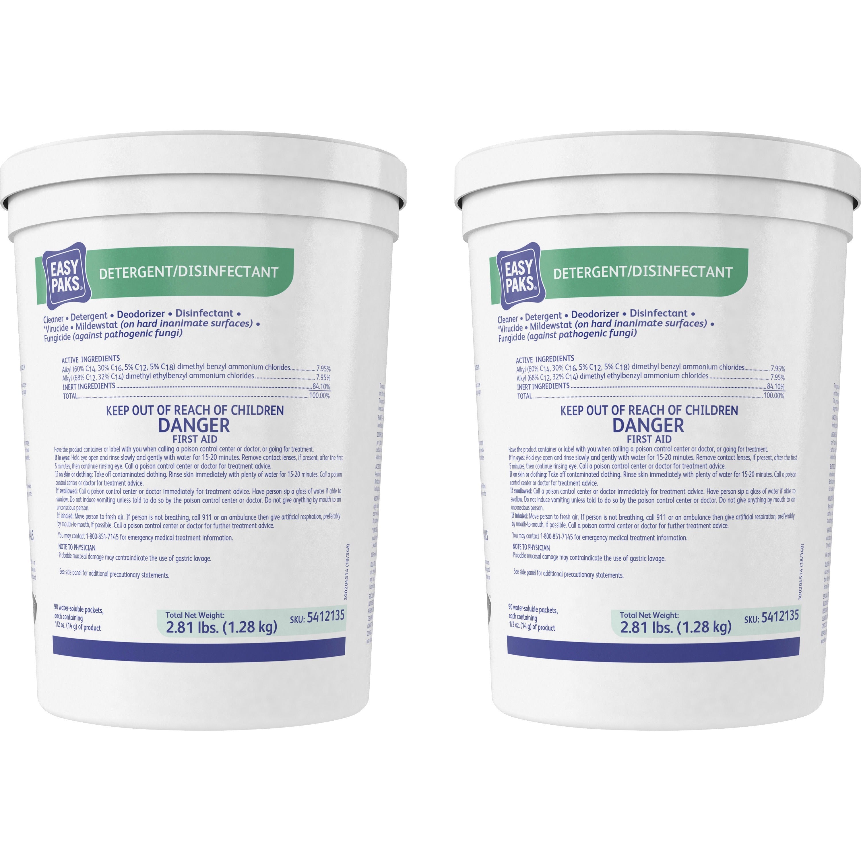 diversey-easypaks-detergent-disinfectant-concentrate-050-oz-003-lb-lemon-scent-90-tub-2-carton-disinfectant-deodorize-green_dvo5412135ct - 1