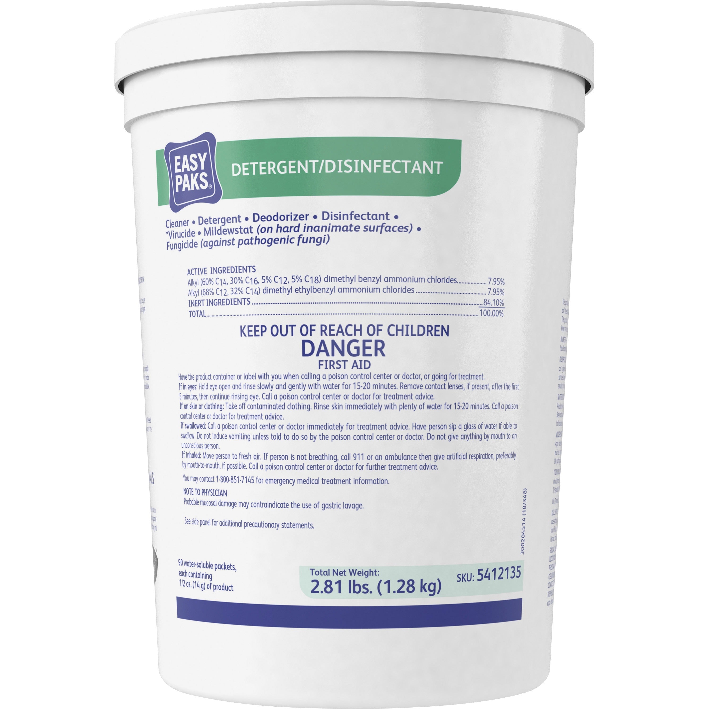 diversey-easypaks-detergent-disinfectant-concentrate-050-oz-003-lb-lemon-scent-90-tub-2-carton-disinfectant-deodorize-green_dvo5412135ct - 2