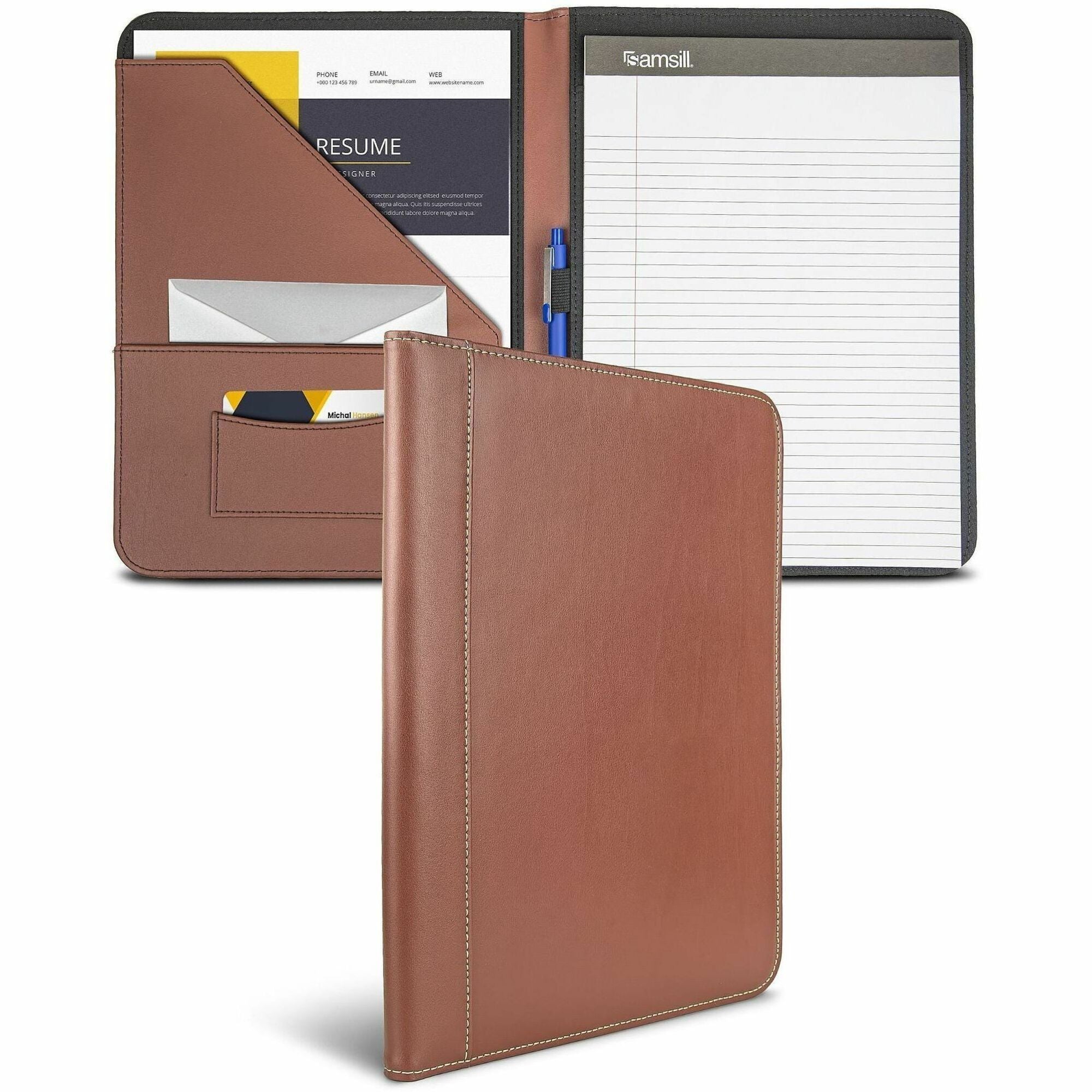 Contrast Stitch Leather Padfolio, 8 1/2 x 11, Leather, Tan