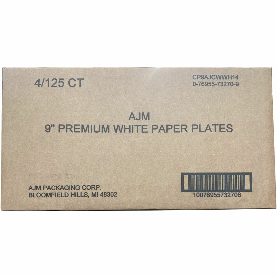 AJM 9" Dinnerware Paper Plates - 125 / Pack - Disposable - White - Paper Body - 4 / Carton - 3