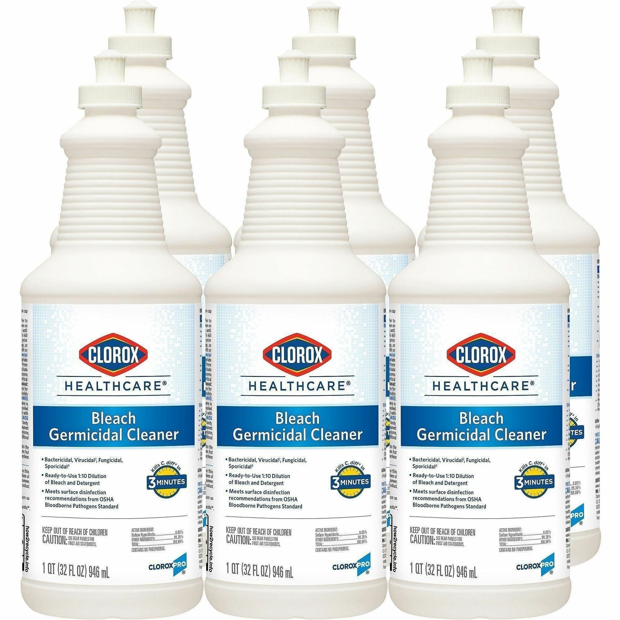 Clorox Healthcare Pull-Top Bleach Germicidal Cleaner - Ready-To-Use - 32 fl oz (1 quart) - 6 / Carton - Disinfectant, Fast Acting, Refillable, Cleanse, Anti-corrosive, Versatile, Anti-bacterial - White