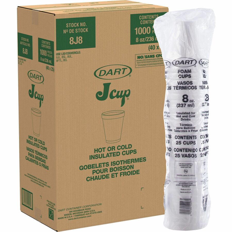 Dart 8 oz Insulated Foam Cups - 25 / Pack - 40 / Carton - White - Foam - Hot Drink, Cold Drink, Coffee, Cappuccino, Tea, Hot Chocolate, Hot Cider, Juice, Soft Drink