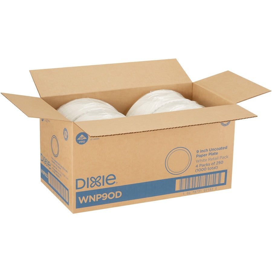 Dixie 9" Uncoated Paper Plates by GP Pro - 250 / Pack - Disposable - White - Paper Body - 4 / Carton