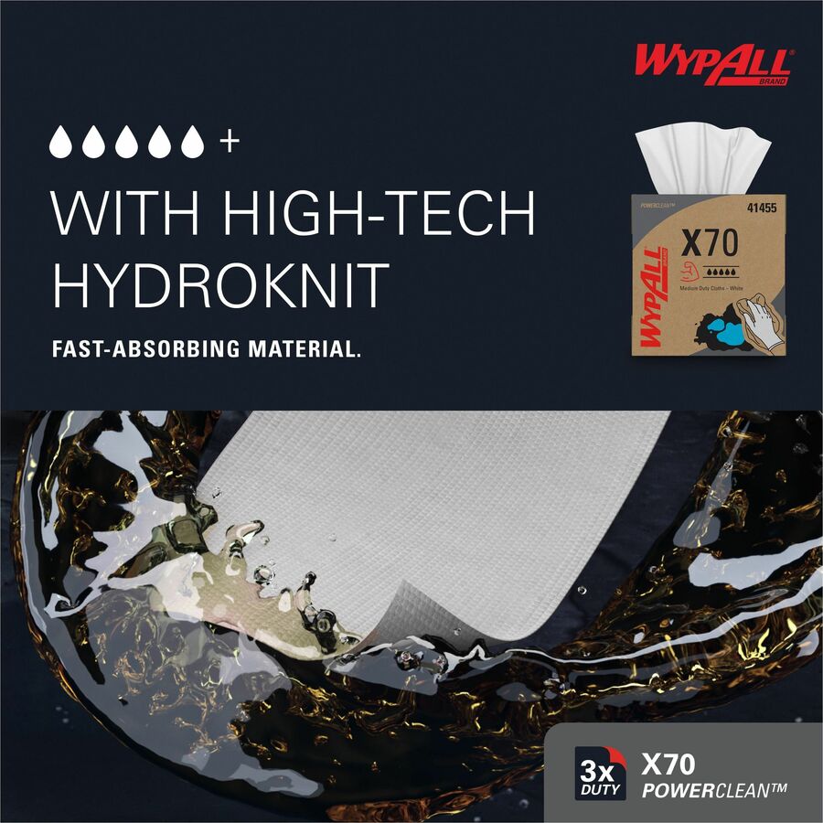 Wypall PowerClean X70 Medium Duty Cloths - Pop-Up Box - 8.34" x 16.80" - White - Hydroknit - Durable, Absorbent, Strong, Reusable, Embossed - For Multipurpose - 100 Per Box - 1000 / Carton